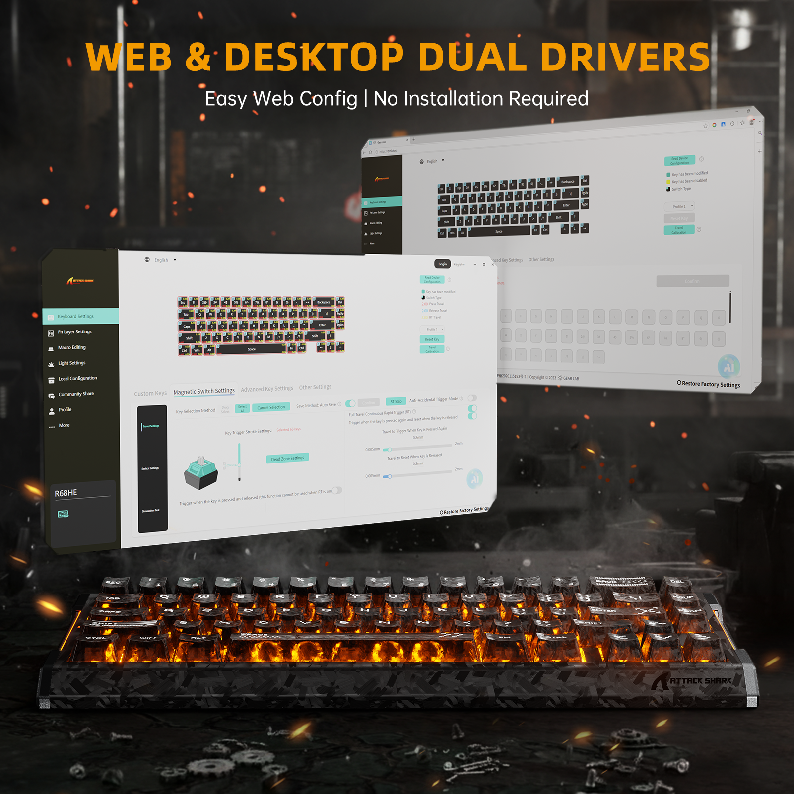 Teclado ATTACK SHARK R68 HE Rapid Trigger com Switch Magnético em Fibra de Carbono