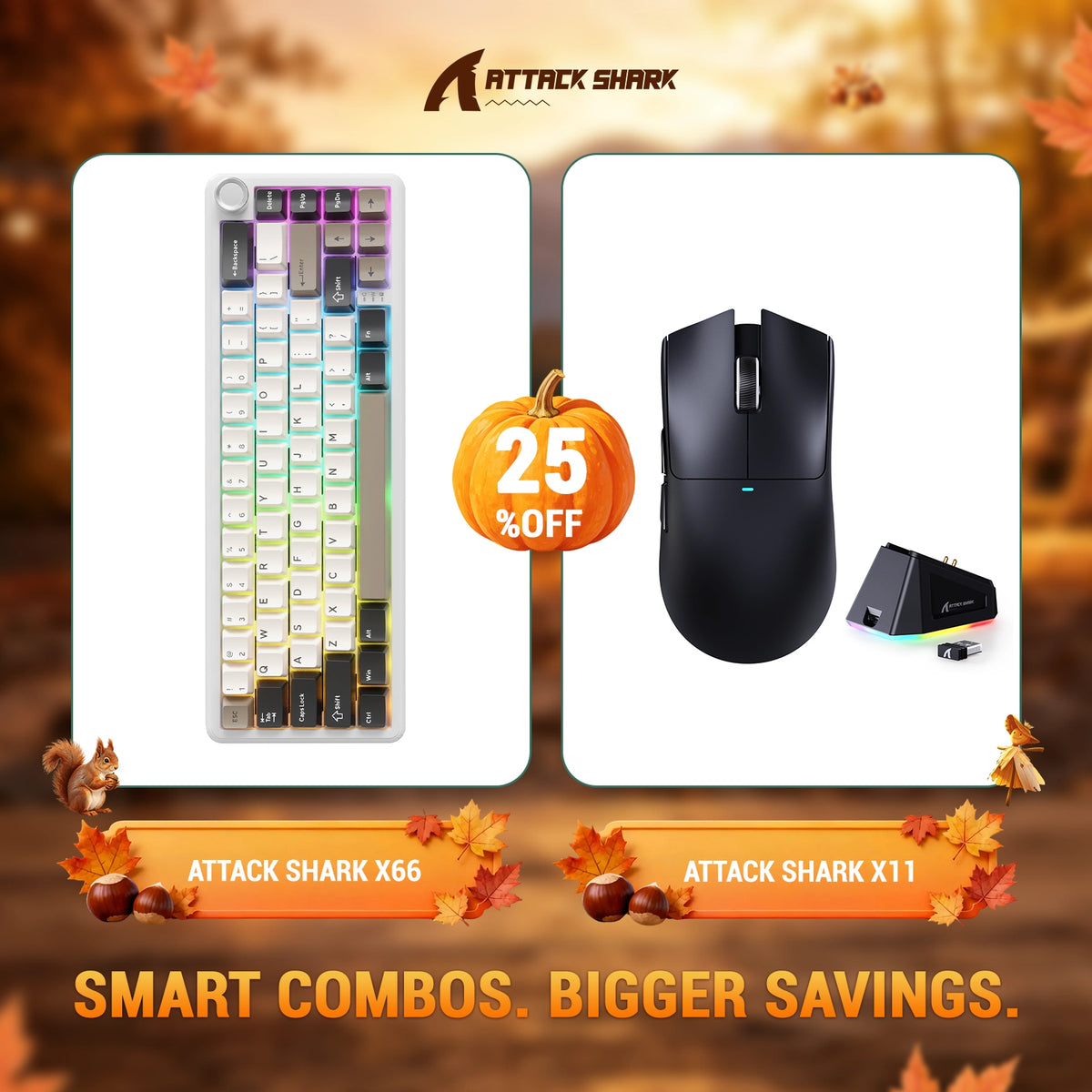 Kit ATTACK SHARK X66 Teclado Mecânico Sem Fio + Mouse Gamer Sem Fio X11