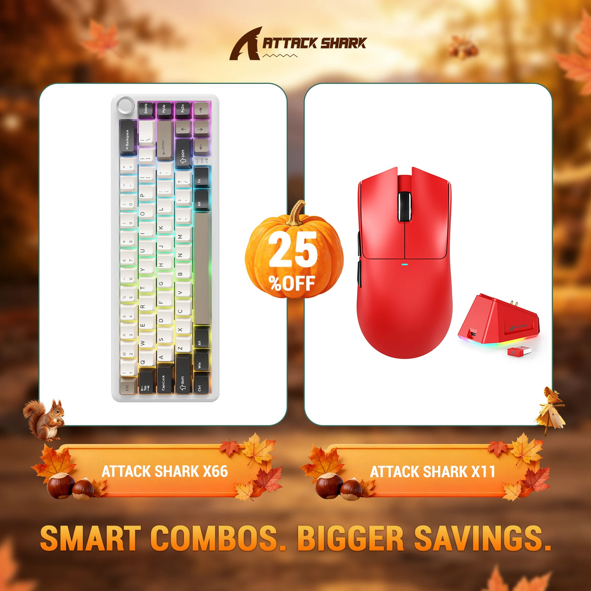 Kit ATTACK SHARK X66 Teclado Mecânico Sem Fio + Mouse Gamer Sem Fio X11
