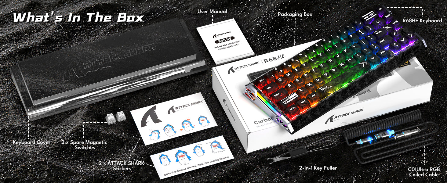 Teclado com Fio ATTACK SHARK R68 HE Rapid Trigger com Switch Magnético em Fibra de Carbono e Cabo RGB Enrolado C01 Ultra