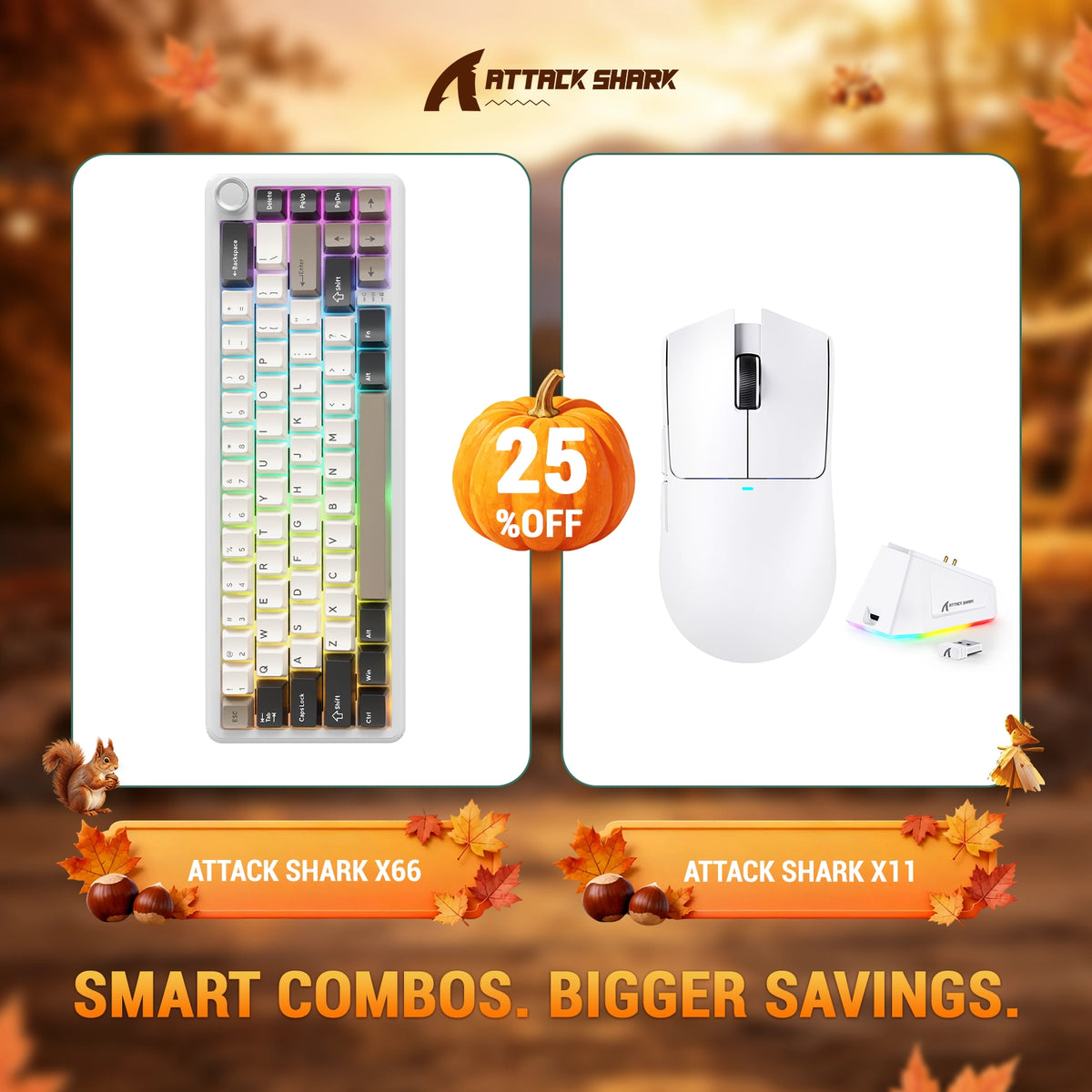 Kit ATTACK SHARK X66 Teclado Mecânico Sem Fio + Mouse Gamer Sem Fio X11