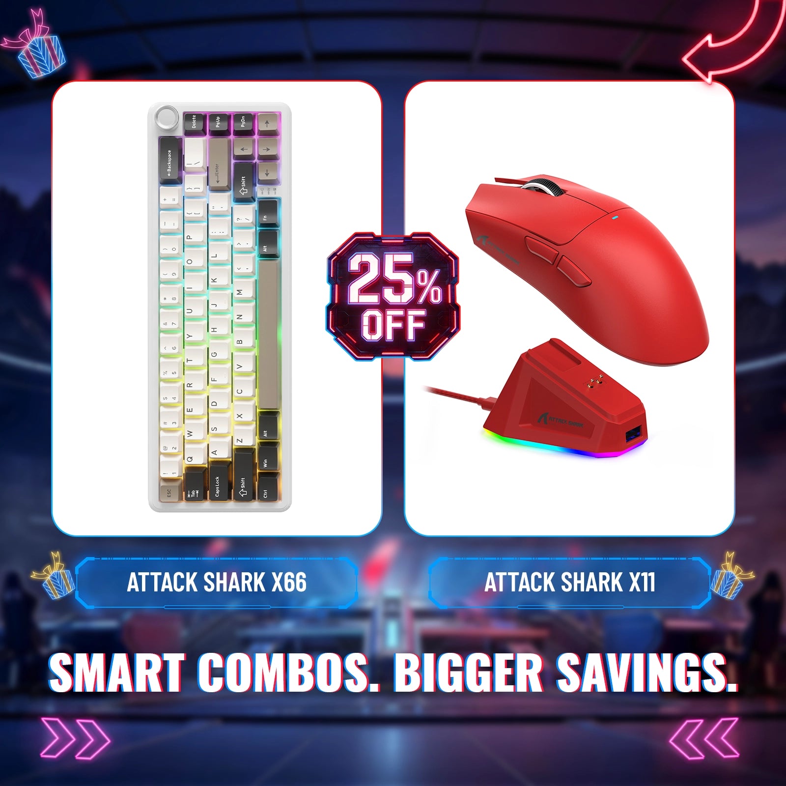 Teclado Mecânico Sem Fio ATTACK SHARK X66 + Mouse Gamer Sem Fio X11