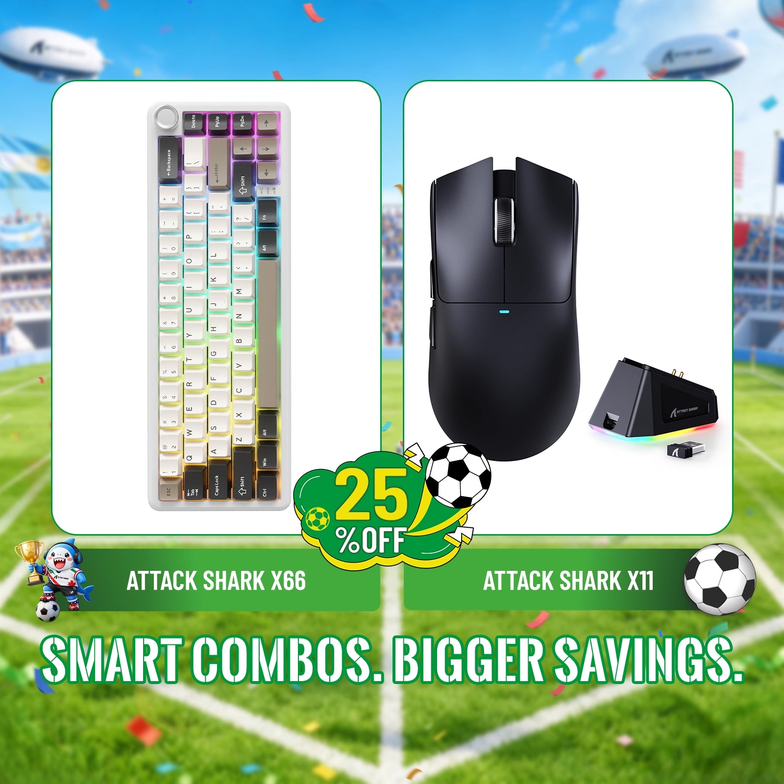 Kit ATTACK SHARK X66 Teclado Mecânico Sem Fio + Mouse Gamer Sem Fio X11