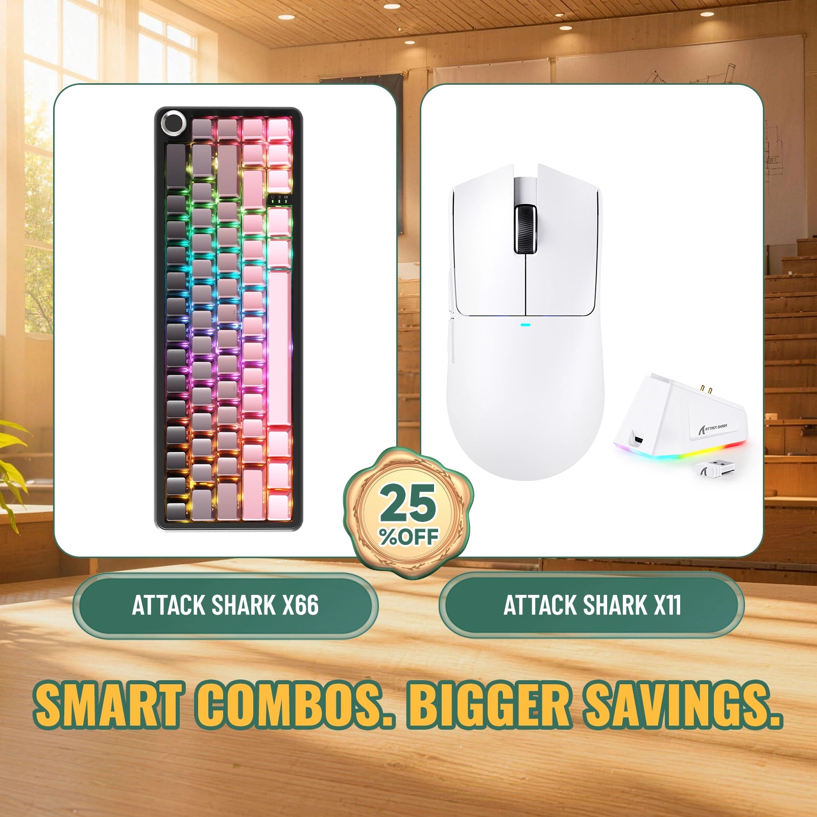 Kit ATTACK SHARK X66 Teclado Mecânico Sem Fio + Mouse Gamer Sem Fio X11