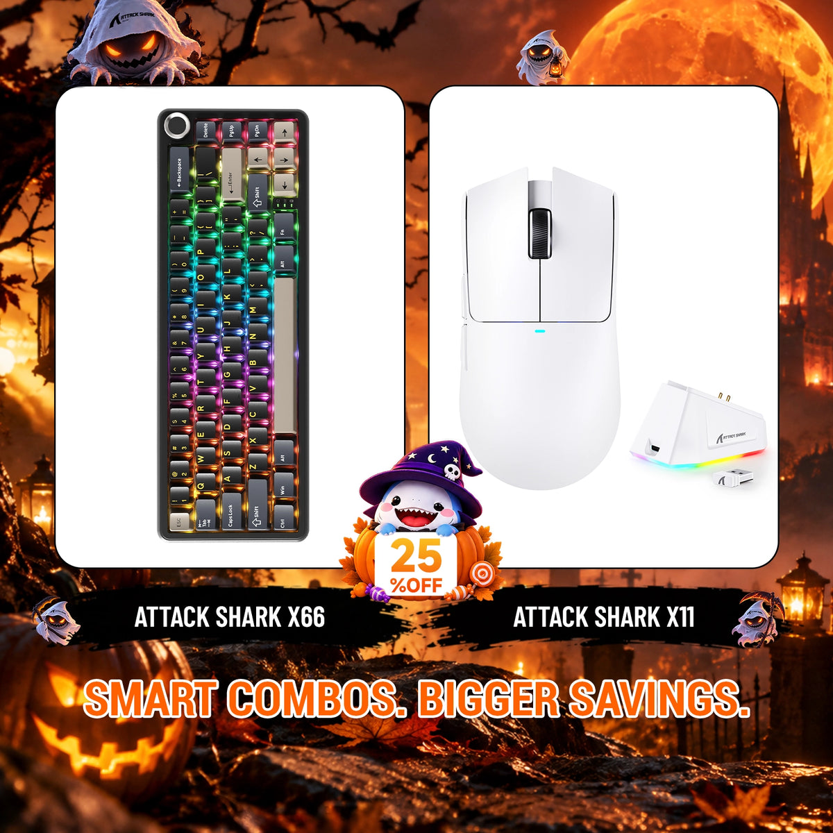 Kit ATTACK SHARK X66 Teclado Mecânico Sem Fio + Mouse Gamer Sem Fio X11
