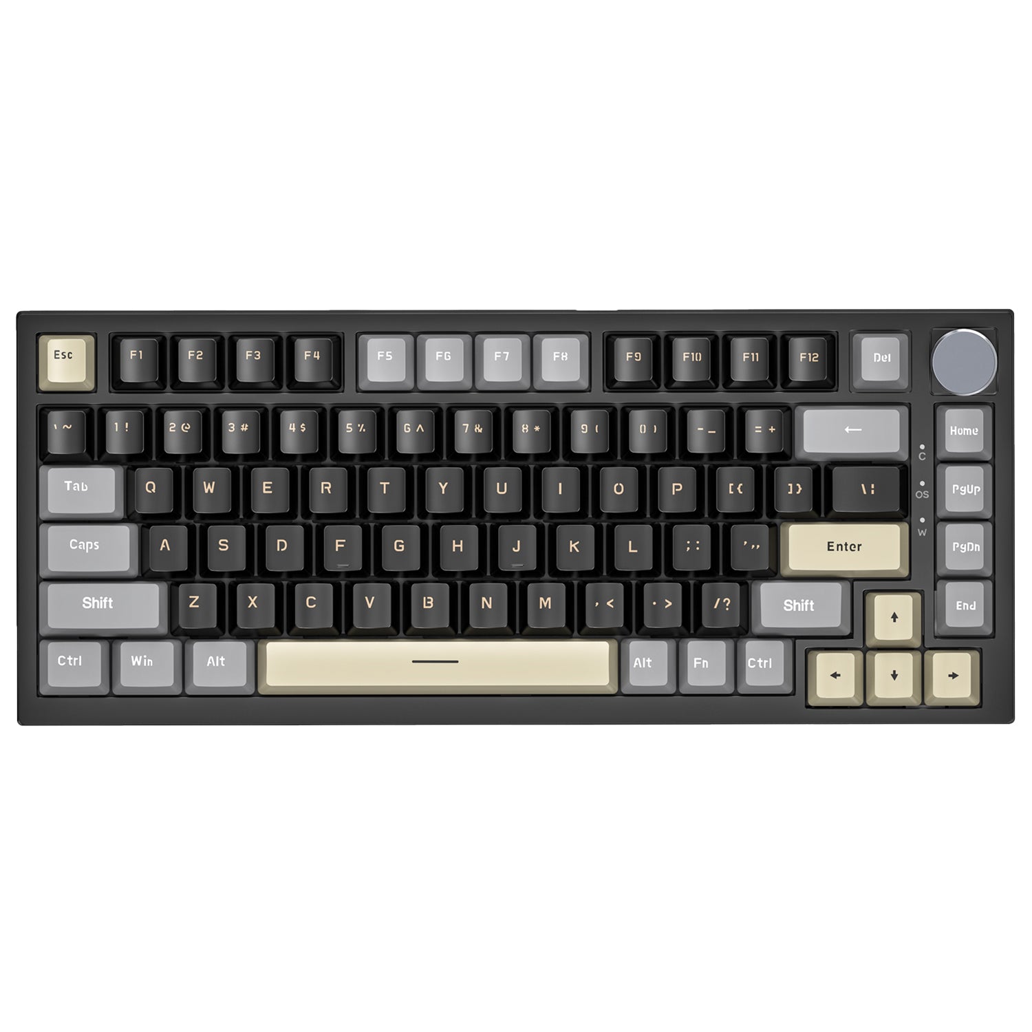 ATTACK SHARK K85 mechanical keyboard, black frame, beige keycaps. 75% ANSI layout. Adjustable actuation for gaming.