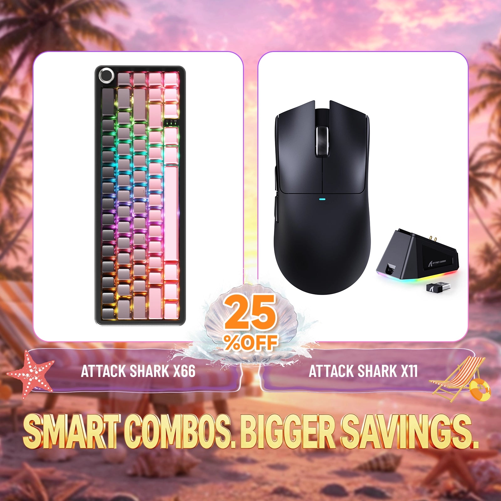 Kit ATTACK SHARK X66 Teclado Mecânico Sem Fio + Mouse Gamer Sem Fio X11