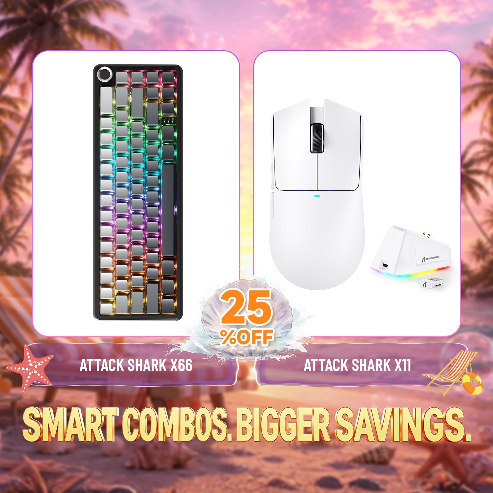 ATTACK SHARK X66 RGB wireless mechanical keyboard and X11 white gaming mouse bundle