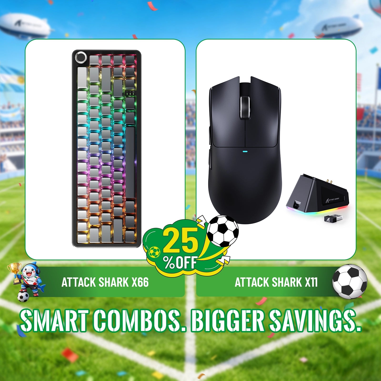 Kit ATTACK SHARK X66 Teclado Mecânico Sem Fio + Mouse Gamer Sem Fio X11