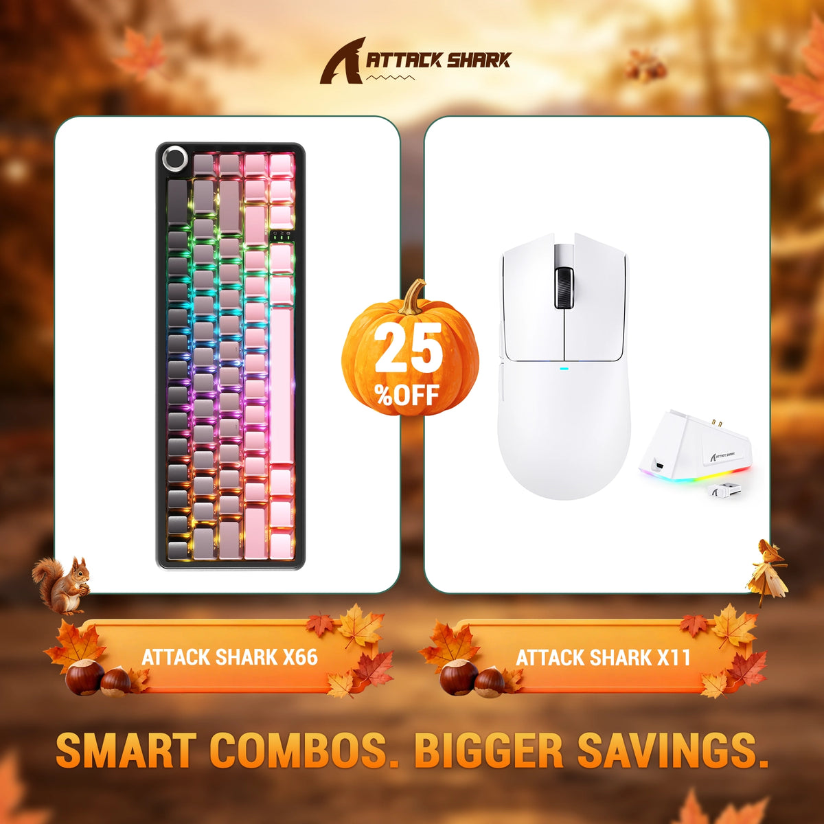 Kit ATTACK SHARK X66 Teclado Mecânico Sem Fio + Mouse Gamer Sem Fio X11
