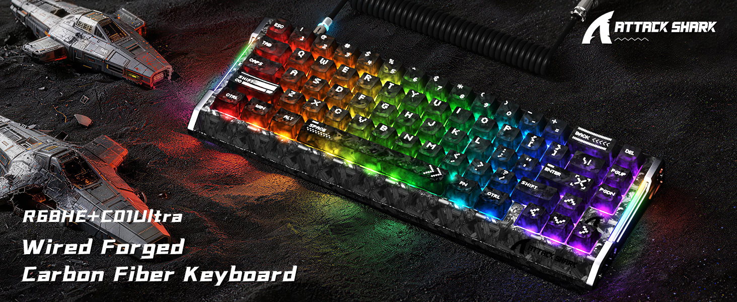 Teclado com Fio ATTACK SHARK R68 HE Rapid Trigger com Switch Magnético em Fibra de Carbono e Cabo RGB Enrolado C01 Ultra