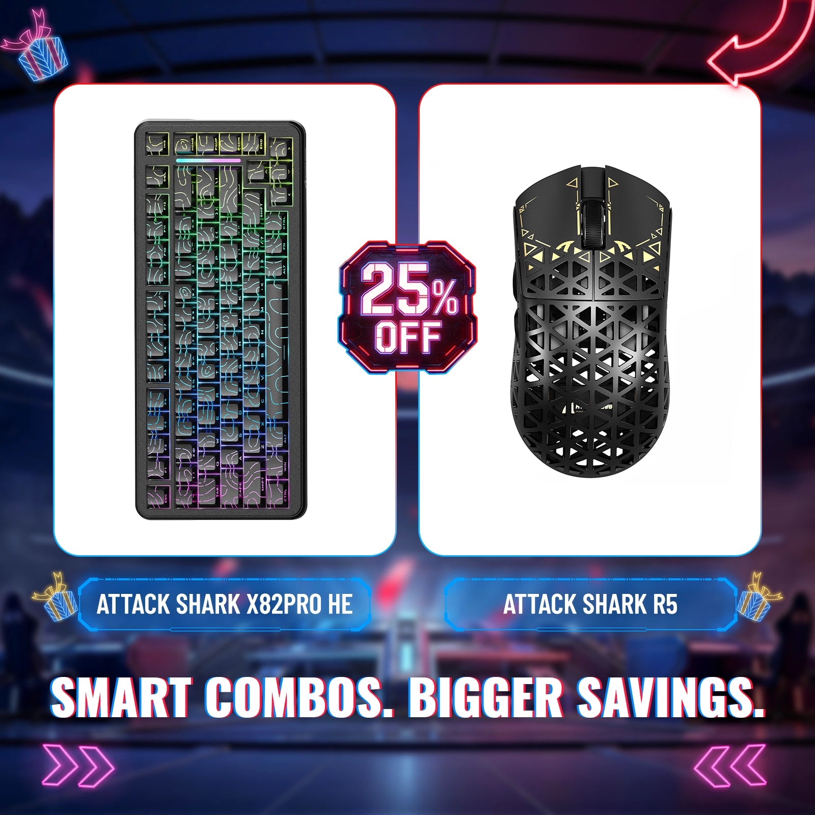 Teclado de Gatilho Rápido ATTACK SHARK X82PRO HE + Kit Mouse Gamer Sem Fio de Fibra de Carbono R5