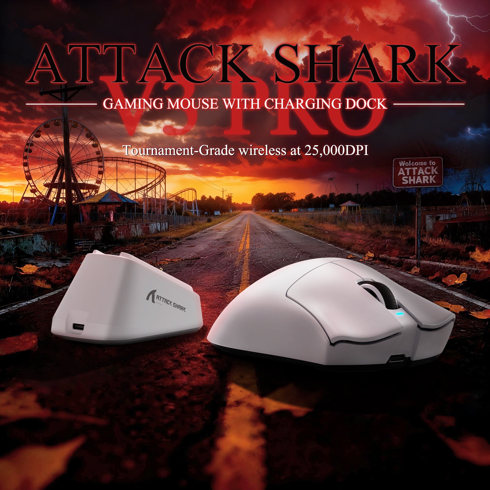 Mouse Gamer Tri-modo Ultra-Leve ATTACK SHARK V3PRO com Dock de Carregamento