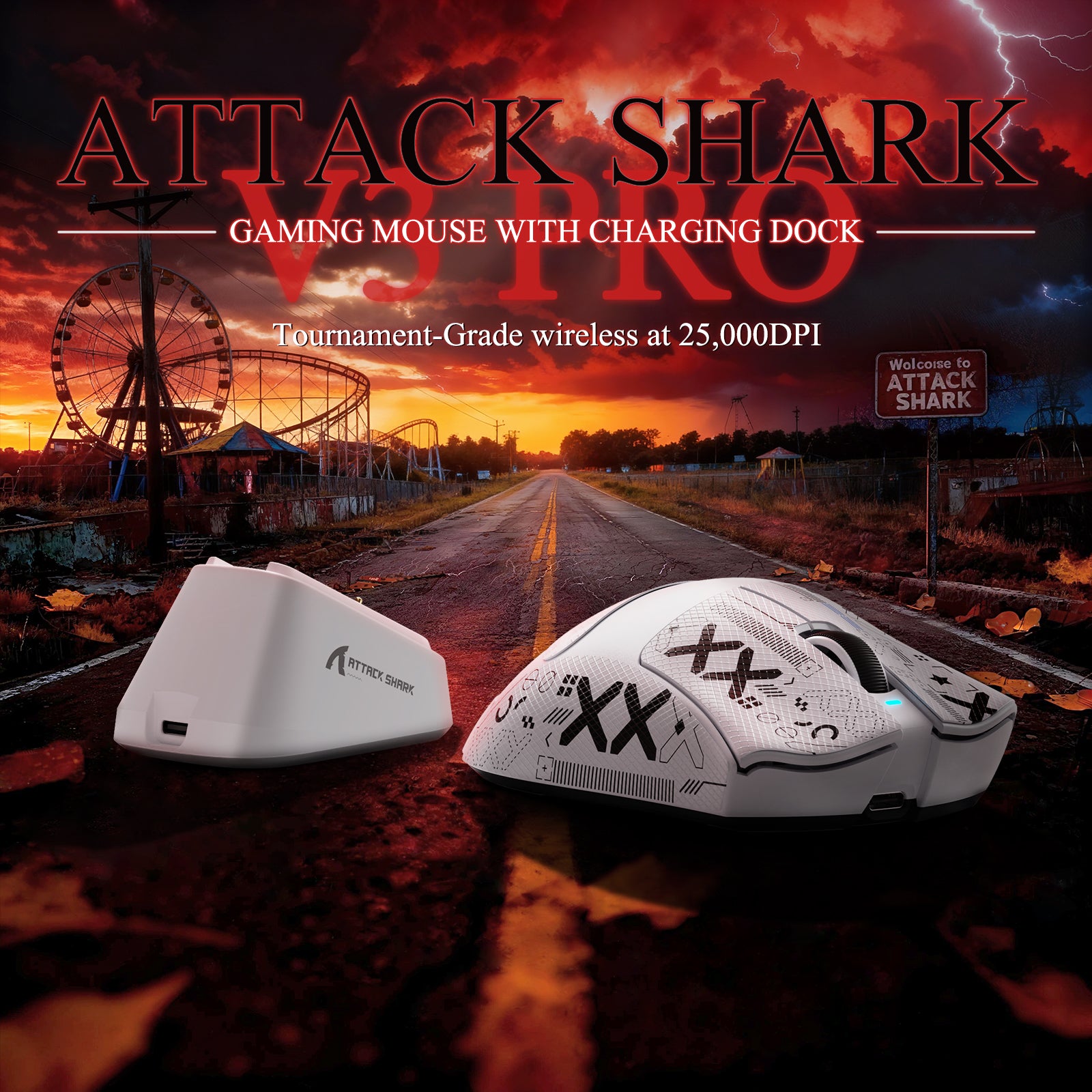 Mouse Gamer Tri-modo Ultra-Leve ATTACK SHARK V3PRO com Dock de Carregamento