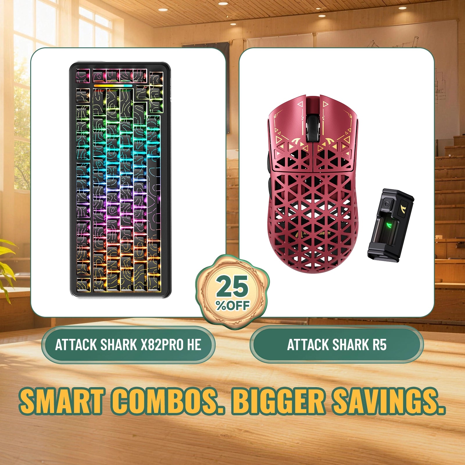 Kit ATTACK SHARK X82PRO HE Teclado Rapid Trigger + Mouse Gamer Sem Fio de Fibra de Carbono R5