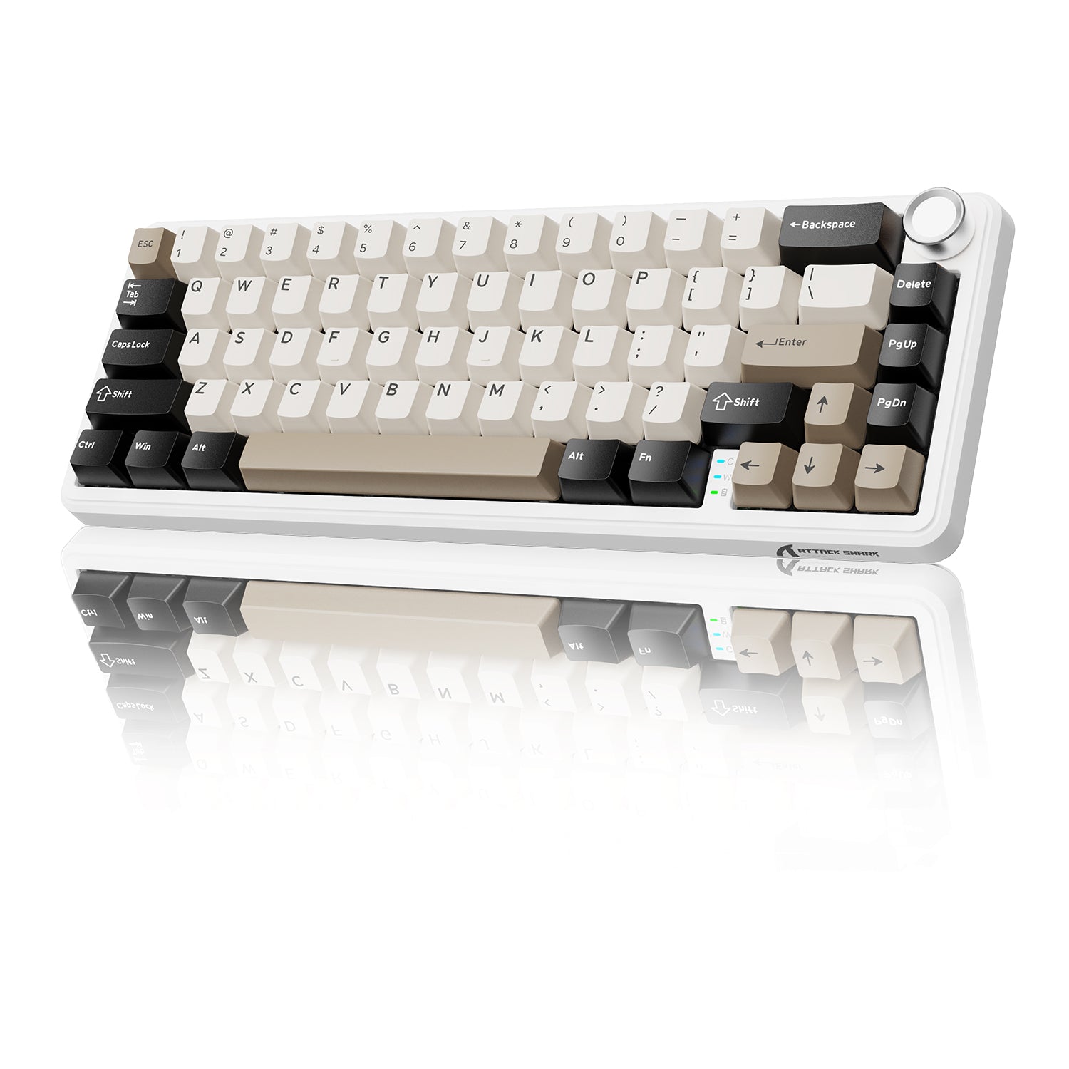 ATTACK SHARK X66 compact mechanical keyboard with side-printed PBT keycaps, white frame, volume knob