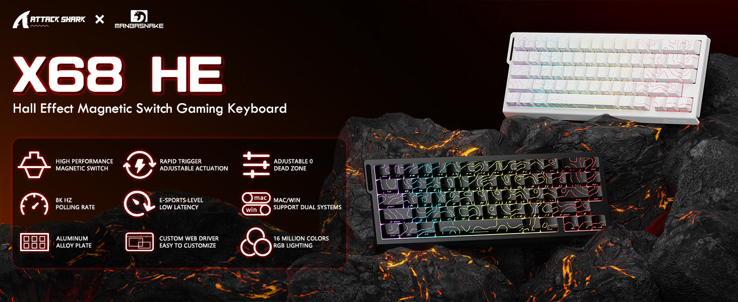 ATTACK SHARK X68 HE Teclado Rapid Trigger com Switch Magnético e Cabo Enrolado C01PRO