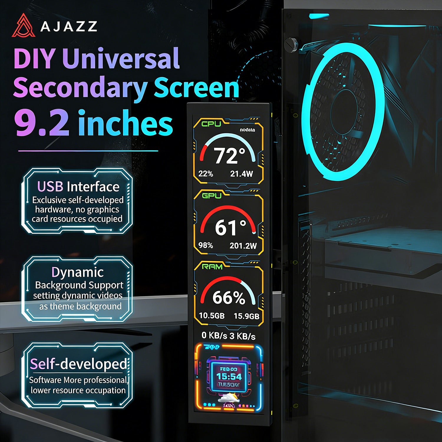 ATTACK SHARK x AJAZZ Monitor IPS LCD de 9,2 polegadas