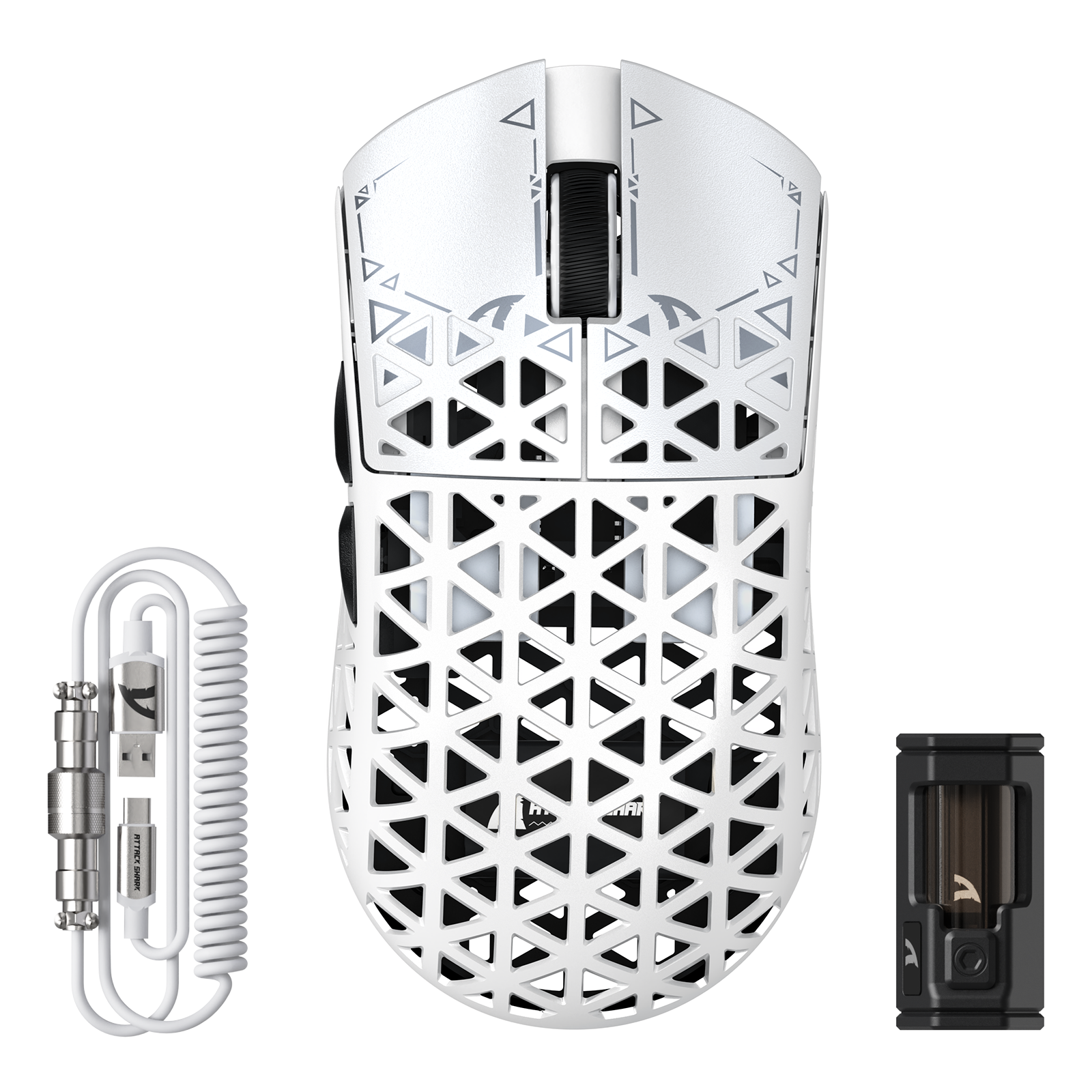 ATTACK SHARK R5 Ultra white carbon fiber gaming mouse with 8K polling rate, wireless, and coiled cable