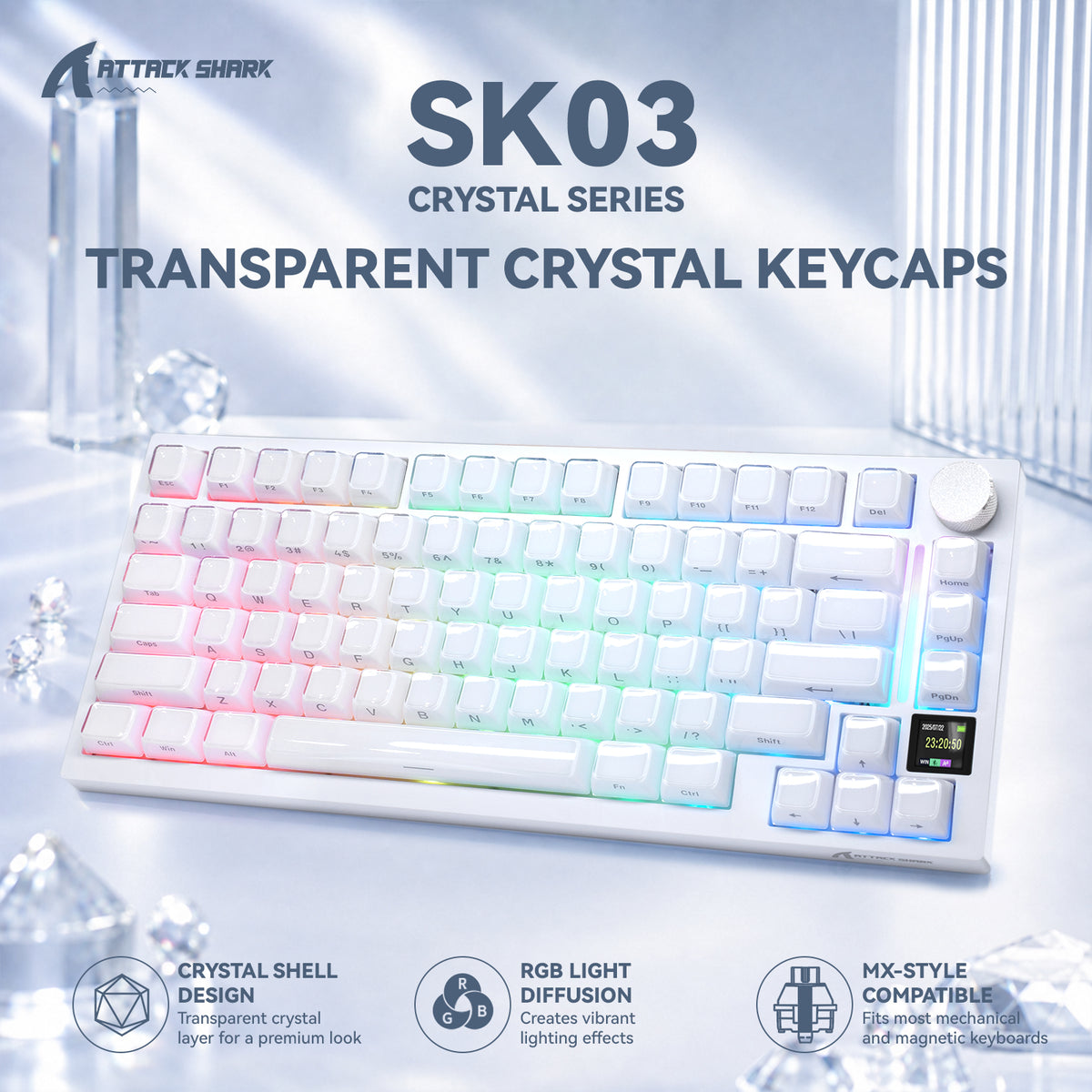 ATTACK SHARK SK03, 136 teclas, keycaps de cristal, perfil ASA, ANSI/ISO