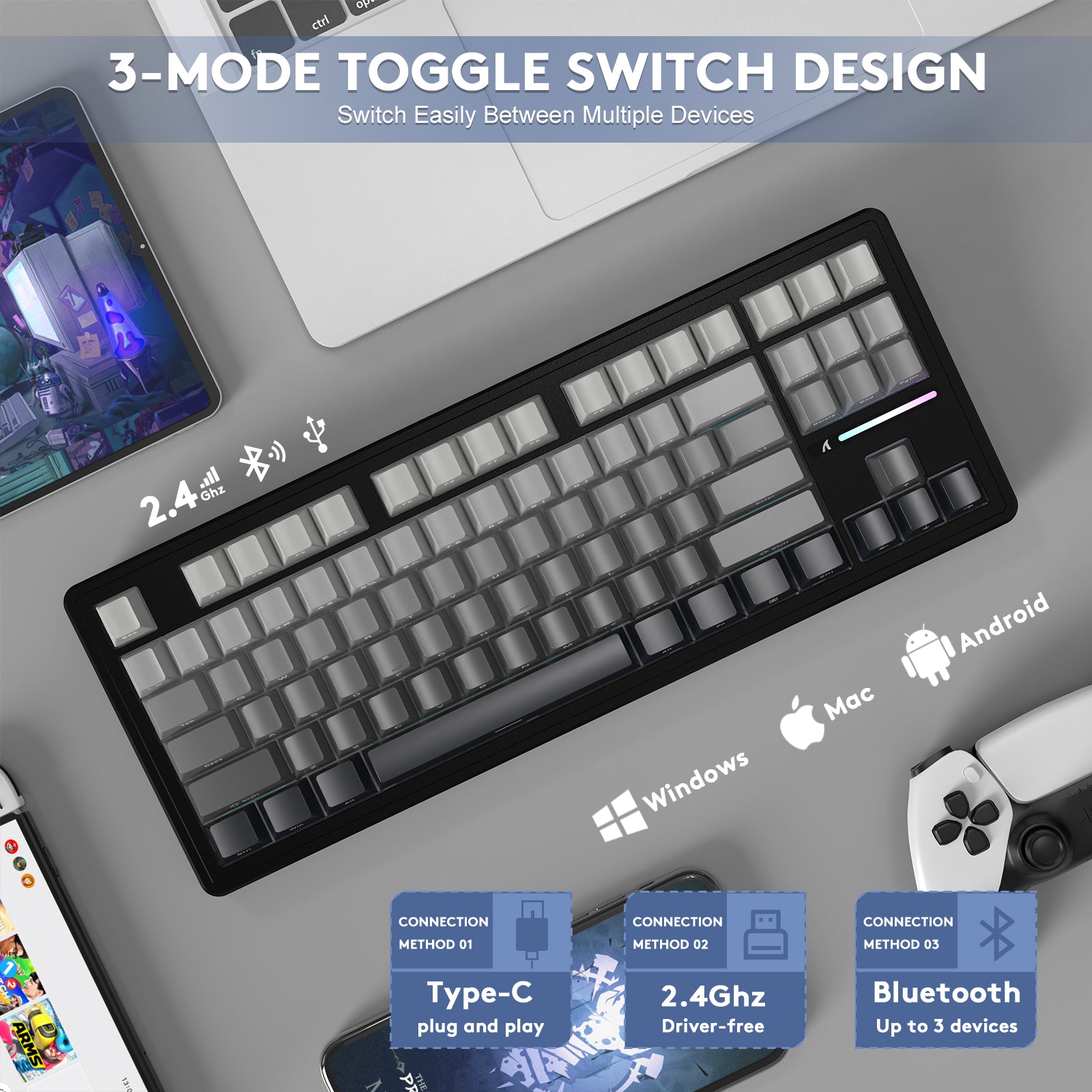 ATTACK SHARK M87PRO wireless keyboard: Type-C, 2.4GHz, Bluetooth. Compatible with Windows, Mac, Android devices.