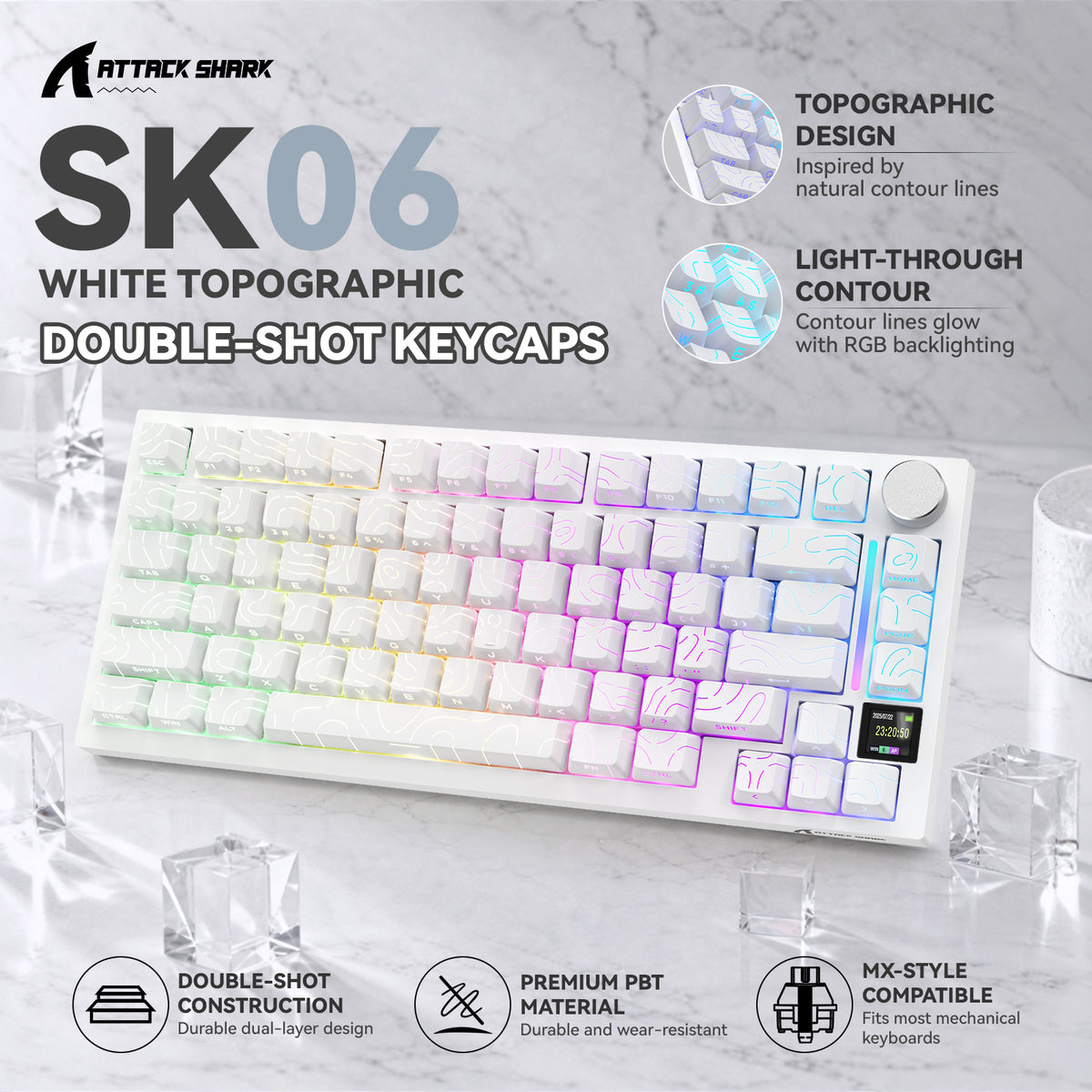 ATTACK SHARK SK06, 135 teclas, keycaps translúcidas com iluminação, ANSI/ISO