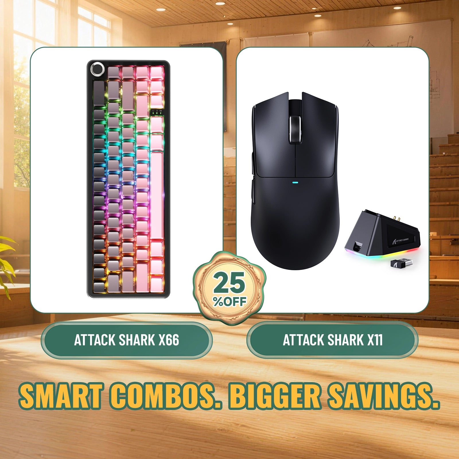 Kit ATTACK SHARK X66 Teclado Mecânico Sem Fio + Mouse Gamer Sem Fio X11