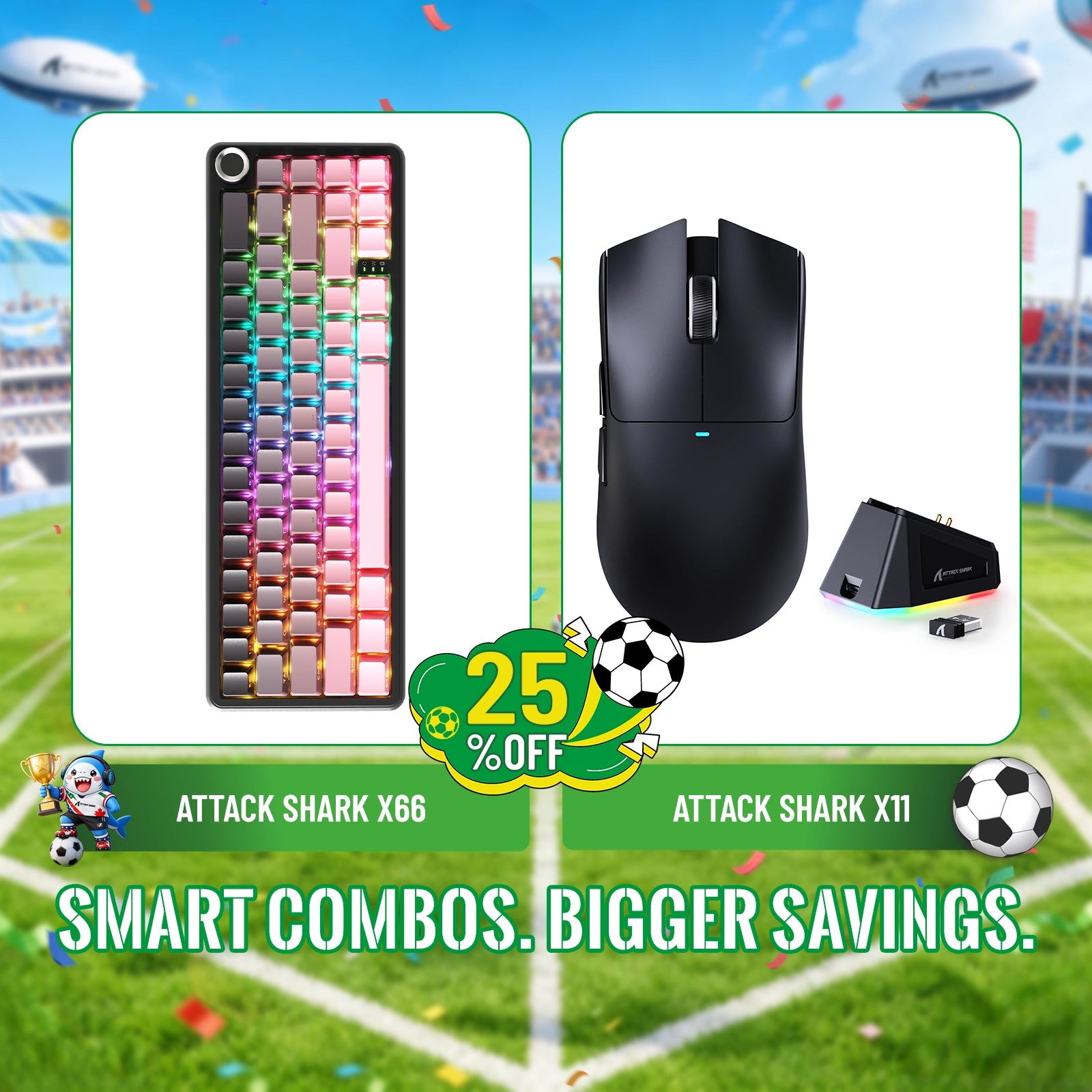 Kit ATTACK SHARK X66 Teclado Mecânico Sem Fio + Mouse Gamer Sem Fio X11