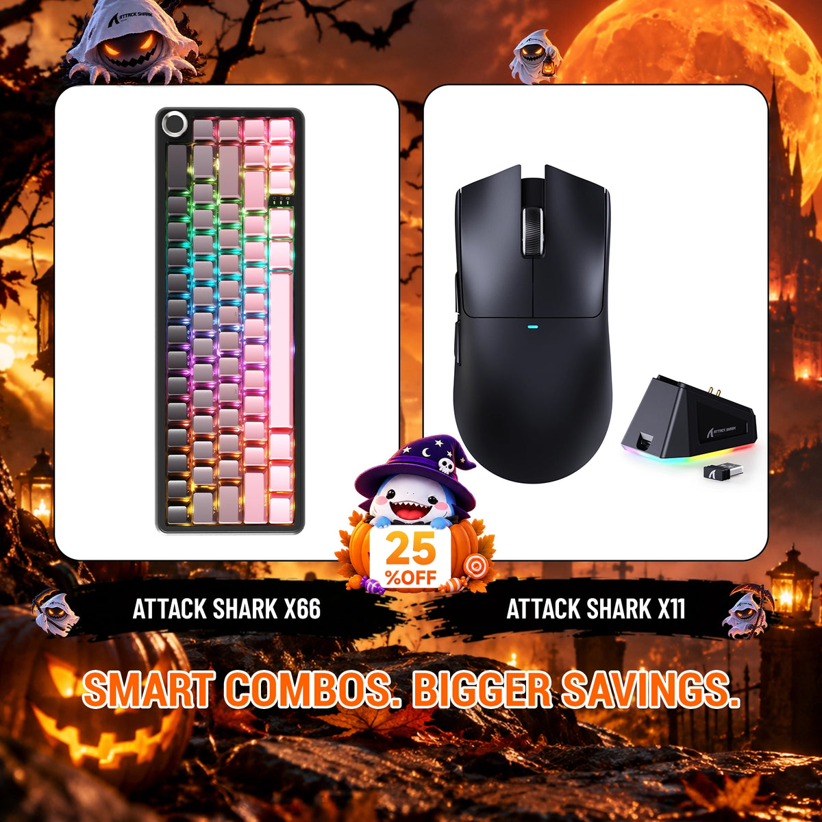 Kit ATTACK SHARK X66 Teclado Mecânico Sem Fio + Mouse Gamer Sem Fio X11