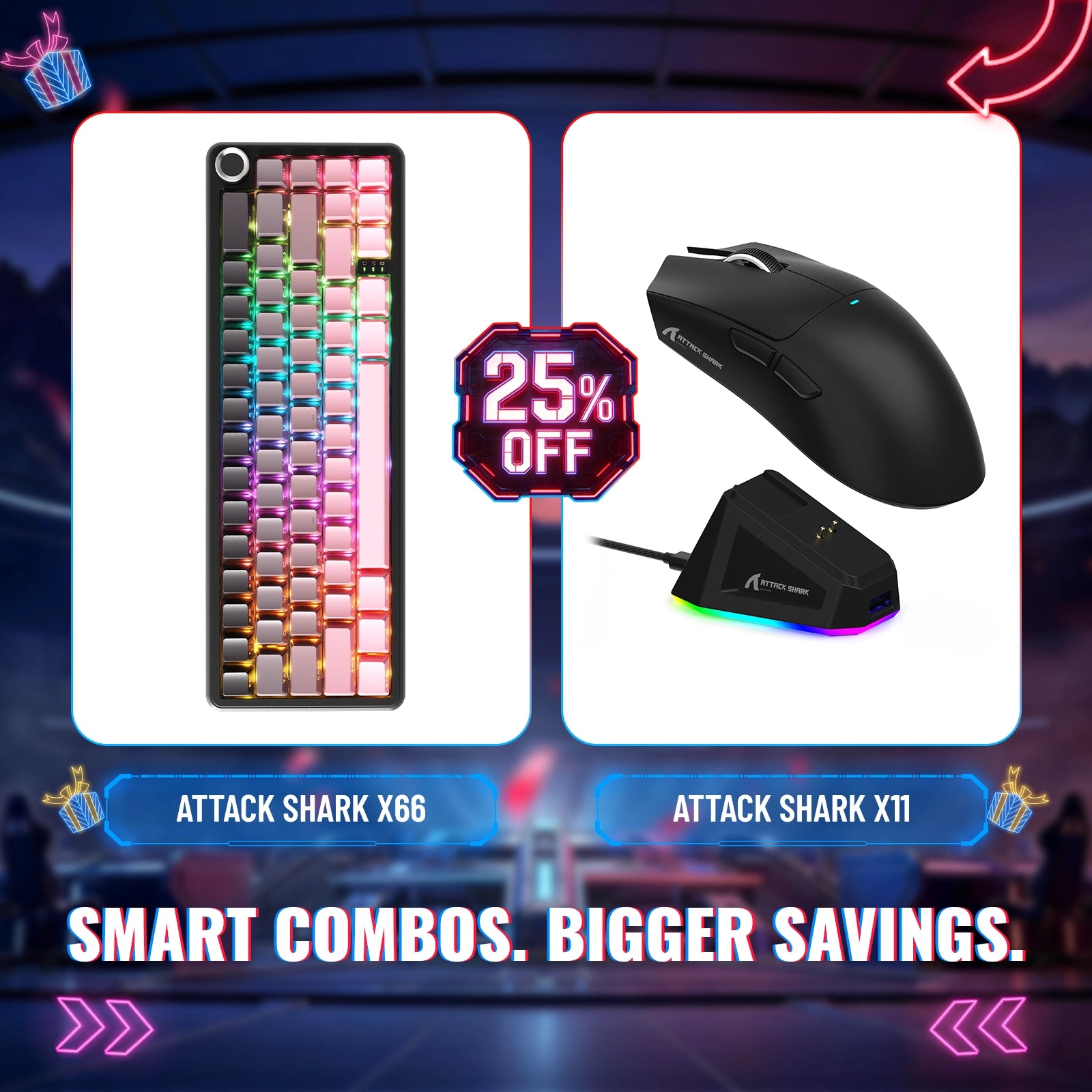 Teclado Mecânico Sem Fio ATTACK SHARK X66 + Mouse Gamer Sem Fio X11