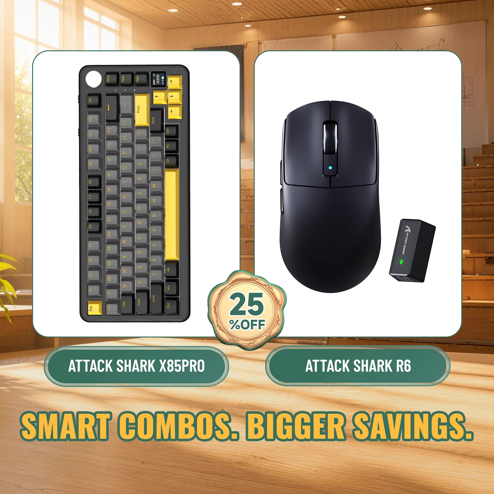 Kit ATTACK SHARK X85PRO Teclado Mecânico Tri-modo Gasket + Mouse Gamer Sem Fio R6