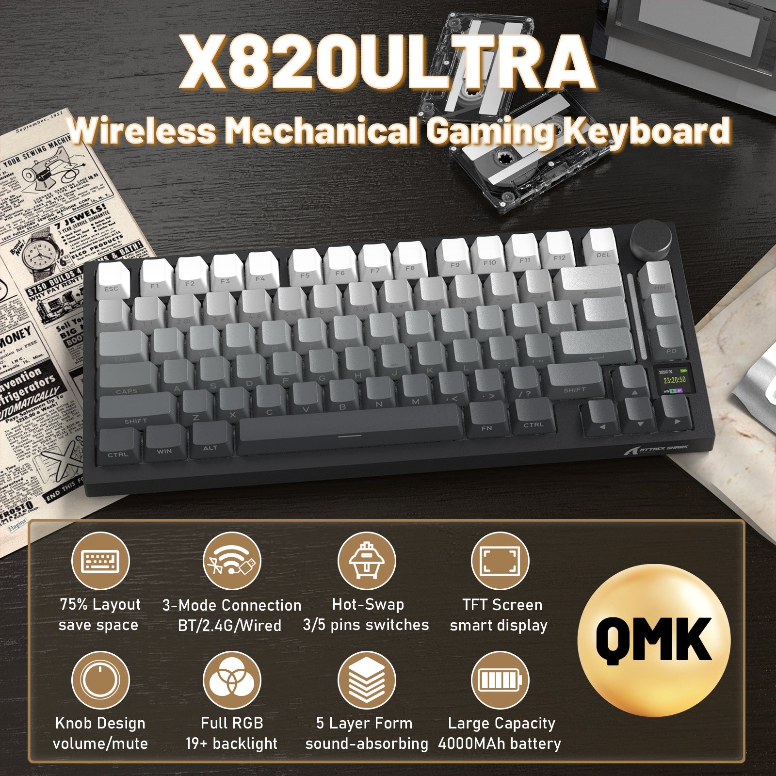 Teclado Mecânico ATTACK SHARK X820ULTRA com Cabo Enrolado C01ULTRA