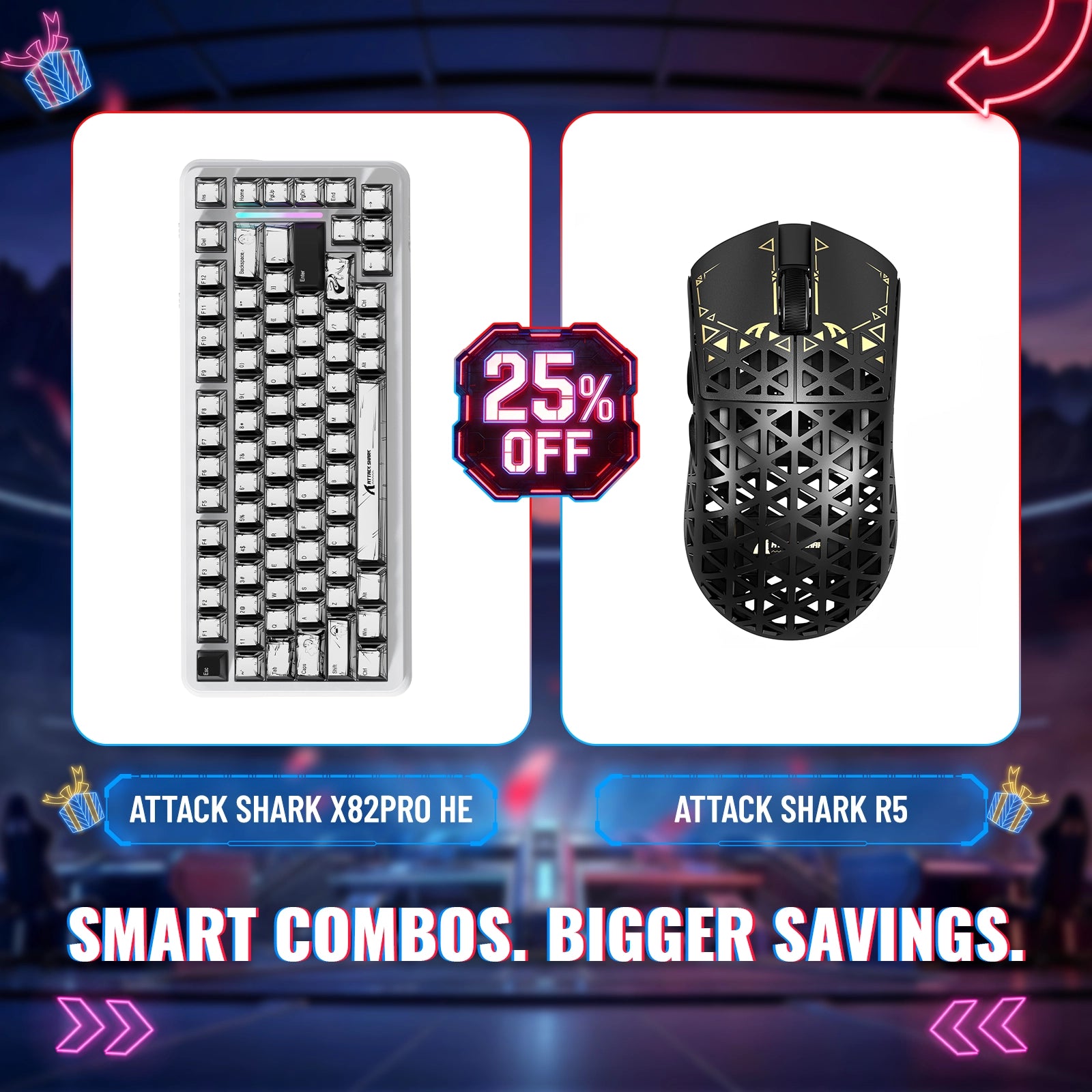 Teclado de Gatilho Rápido ATTACK SHARK X82PRO HE + Kit Mouse Gamer Sem Fio de Fibra de Carbono R5