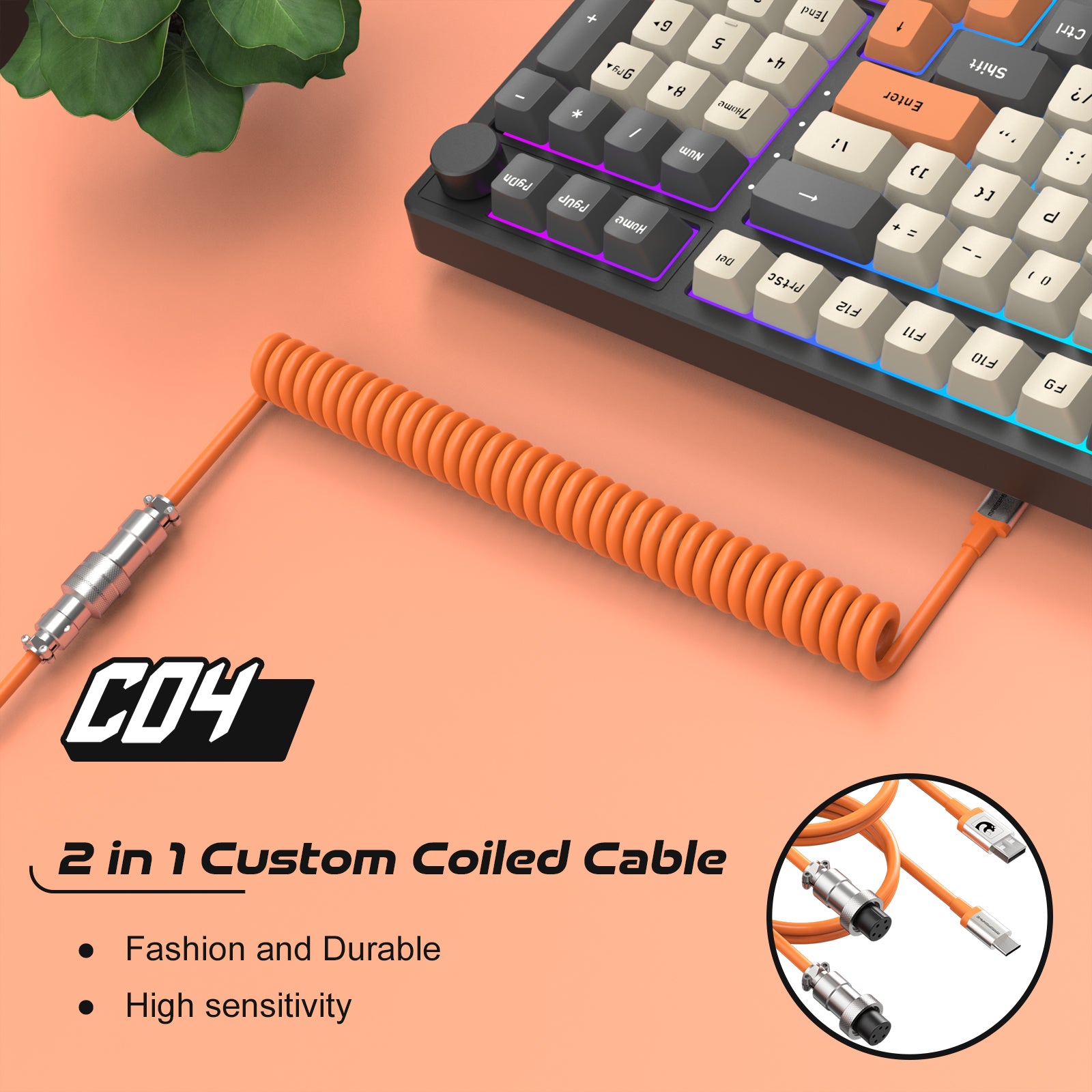 ATTACK SHARK C04 orange coiled USB-A to Type-C cable with metal aviation connector connected to a mechanical keyboard.