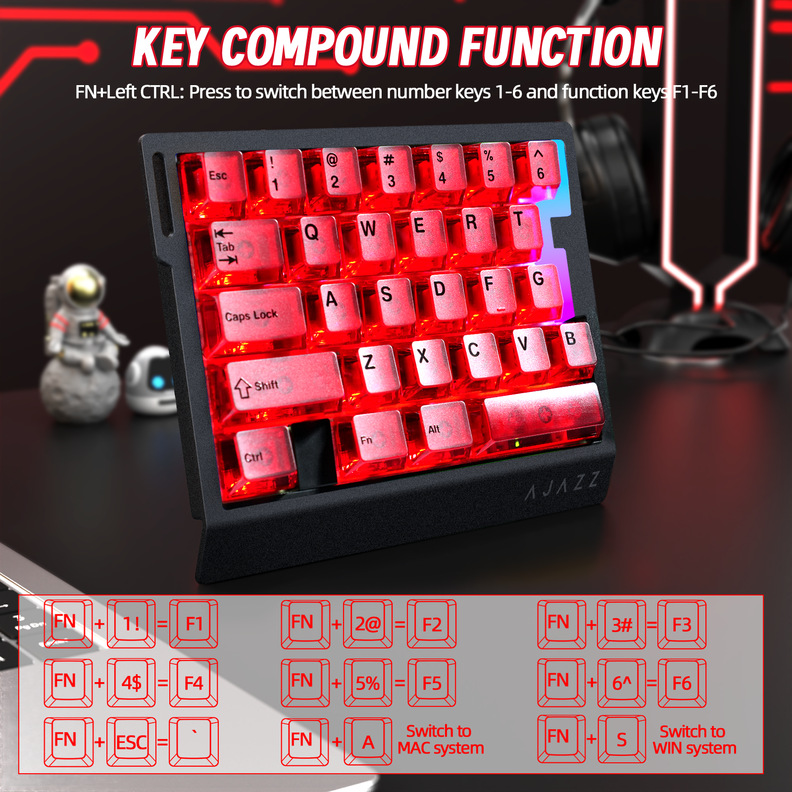 Teclado Gamer com Fio para Uma Mão ATTACK SHARK X AJAZZ AK029