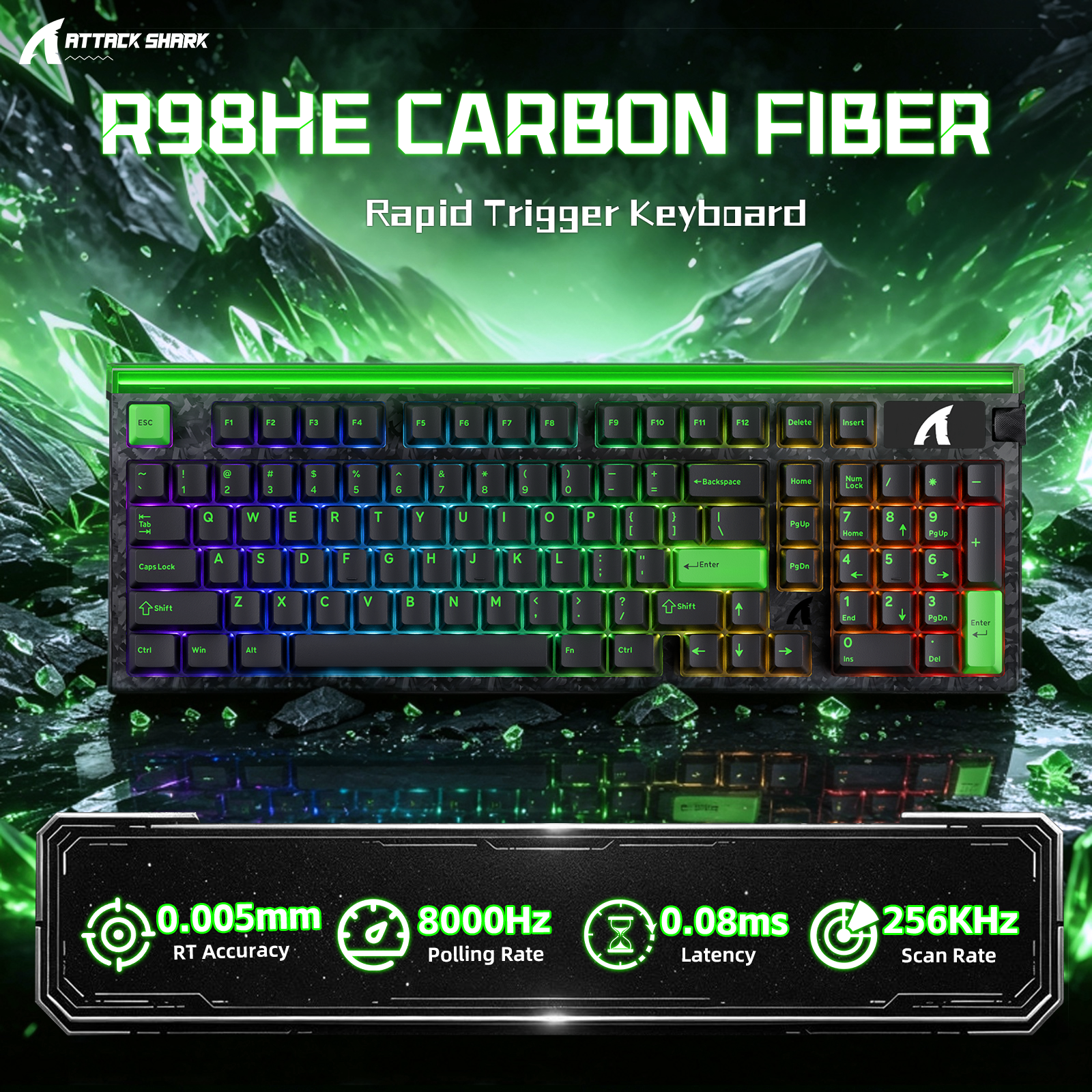 Teclado com fio ATTACK SHARK R98 HE Carbon Fiber, gatilho rápido, interruptor magnético, com cabo enrolado C01 Ultra RGB