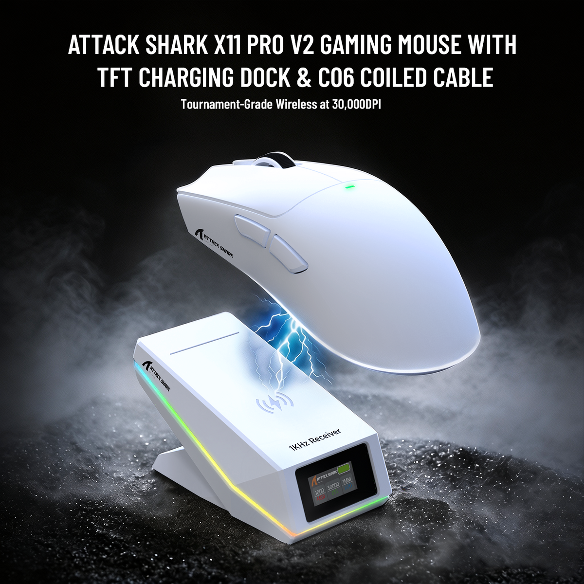 Mouse Gamer Sem Fio ATTACK SHARK X11 PRO V2 com Tela TFT e Base de Carregamento com Cabo Enrolado C06