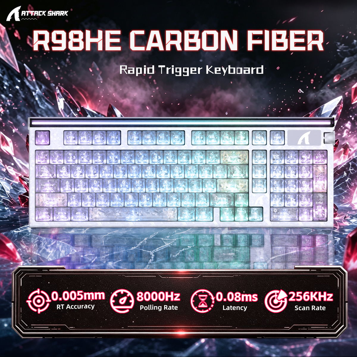 Teclado com fio ATTACK SHARK R98 HE Carbon Fiber, gatilho rápido, interruptor magnético, com cabo enrolado C01 Ultra RGB