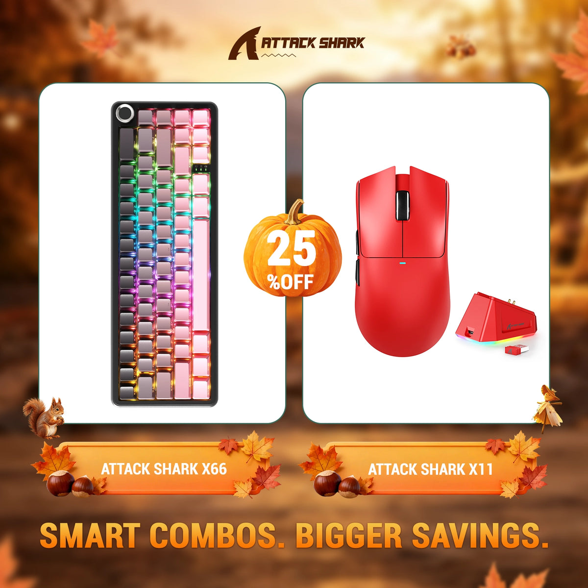Kit ATTACK SHARK X66 Teclado Mecânico Sem Fio + Mouse Gamer Sem Fio X11