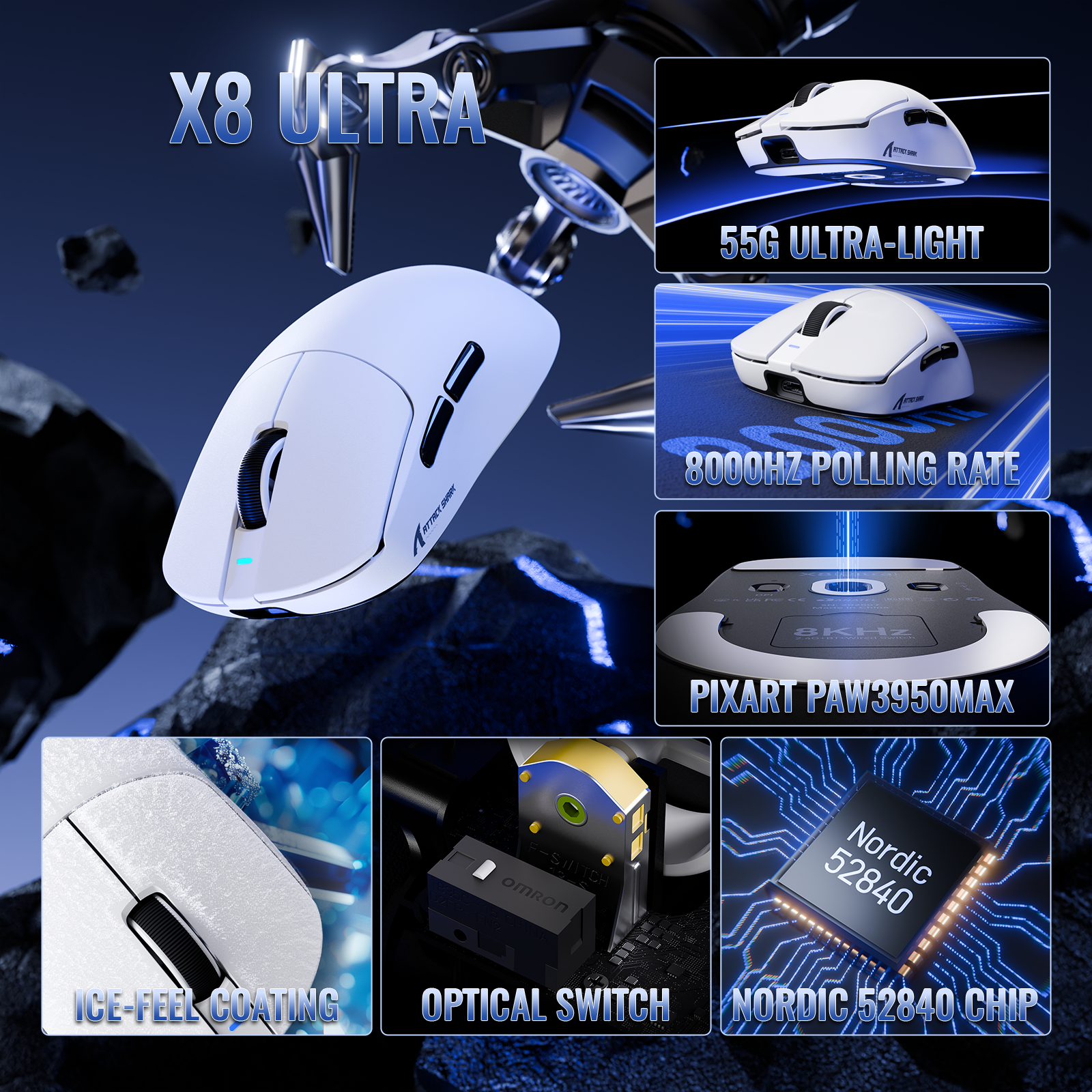Mouse Gamer Sem Fio Leve Tri-modo ATTACK SHARK Série X8