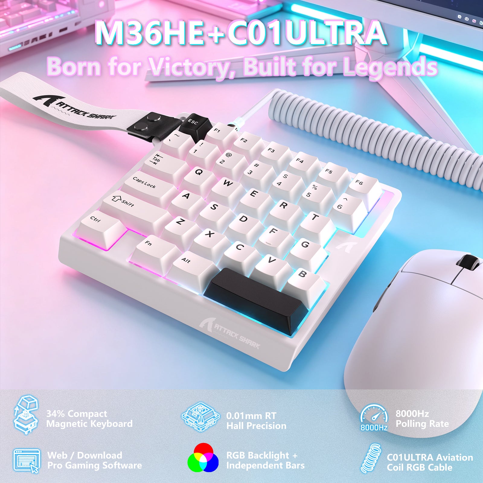 Teclado com Interruptor Magnético One-Handed ATTACK SHARK M36 HE & Cabo Aviador LED ULTRA C01