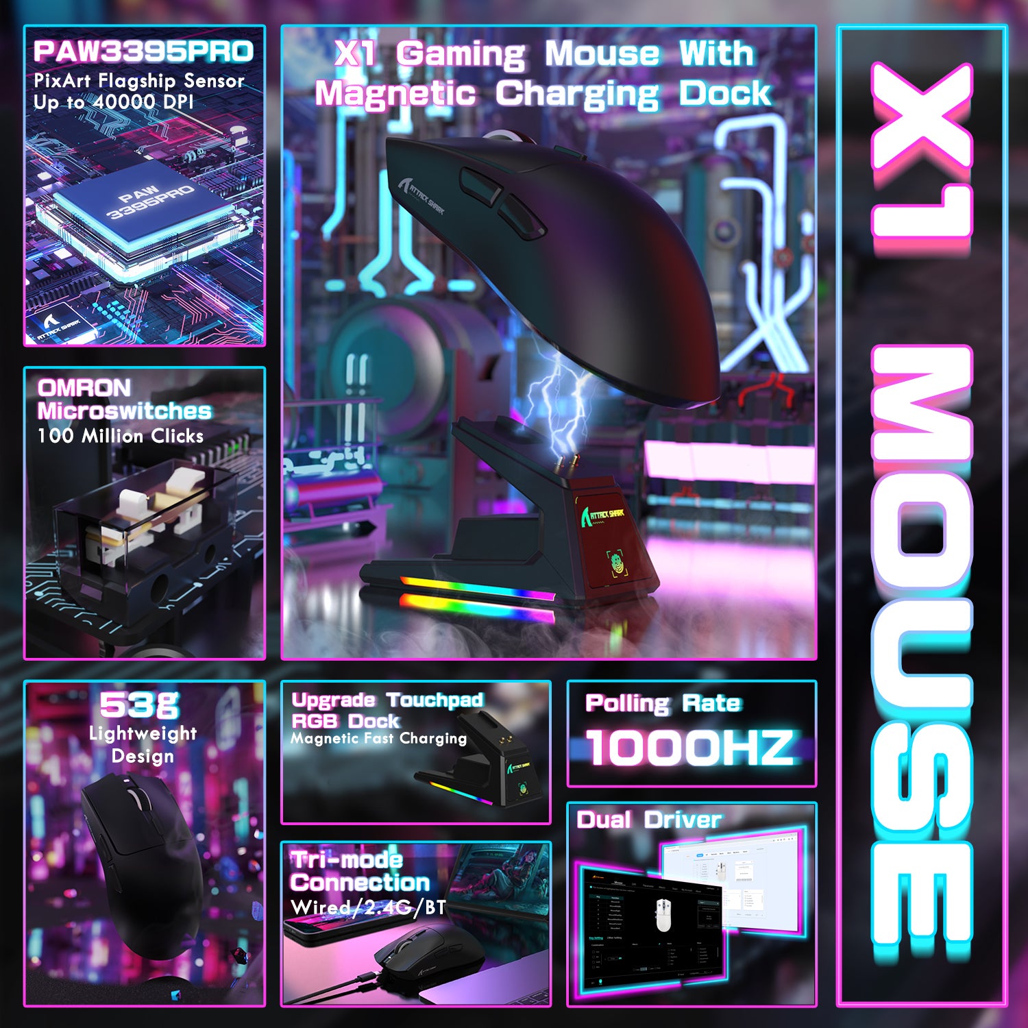 ATTACK SHARK X1 gaming mouse with magnetic charging dock, PAW3395PRO sensor, RGB, and tri-mode connection