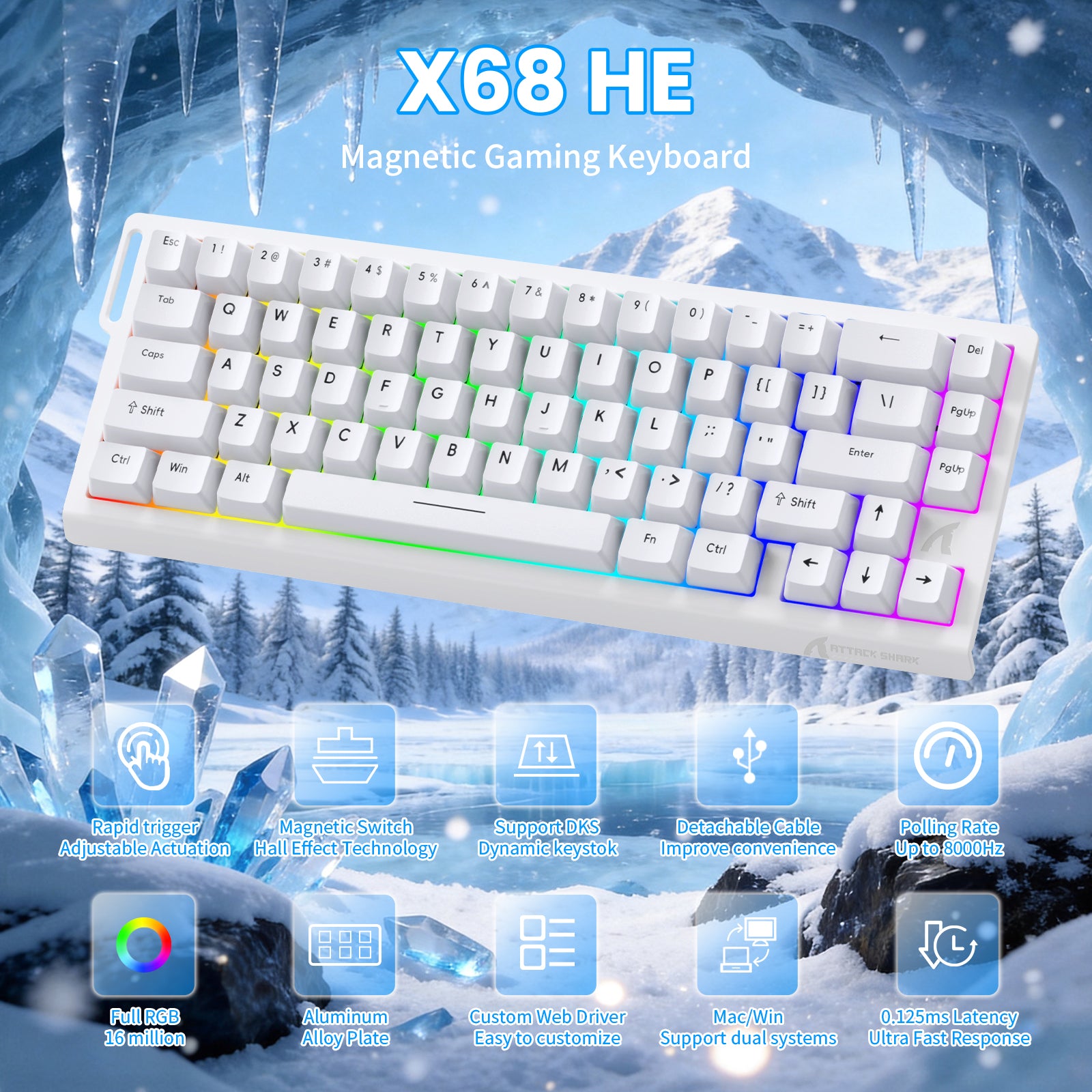 ATTACK SHARK X68 HE Teclado Rapid Trigger com Switch Magnético e Cabo Enrolado C01PRO