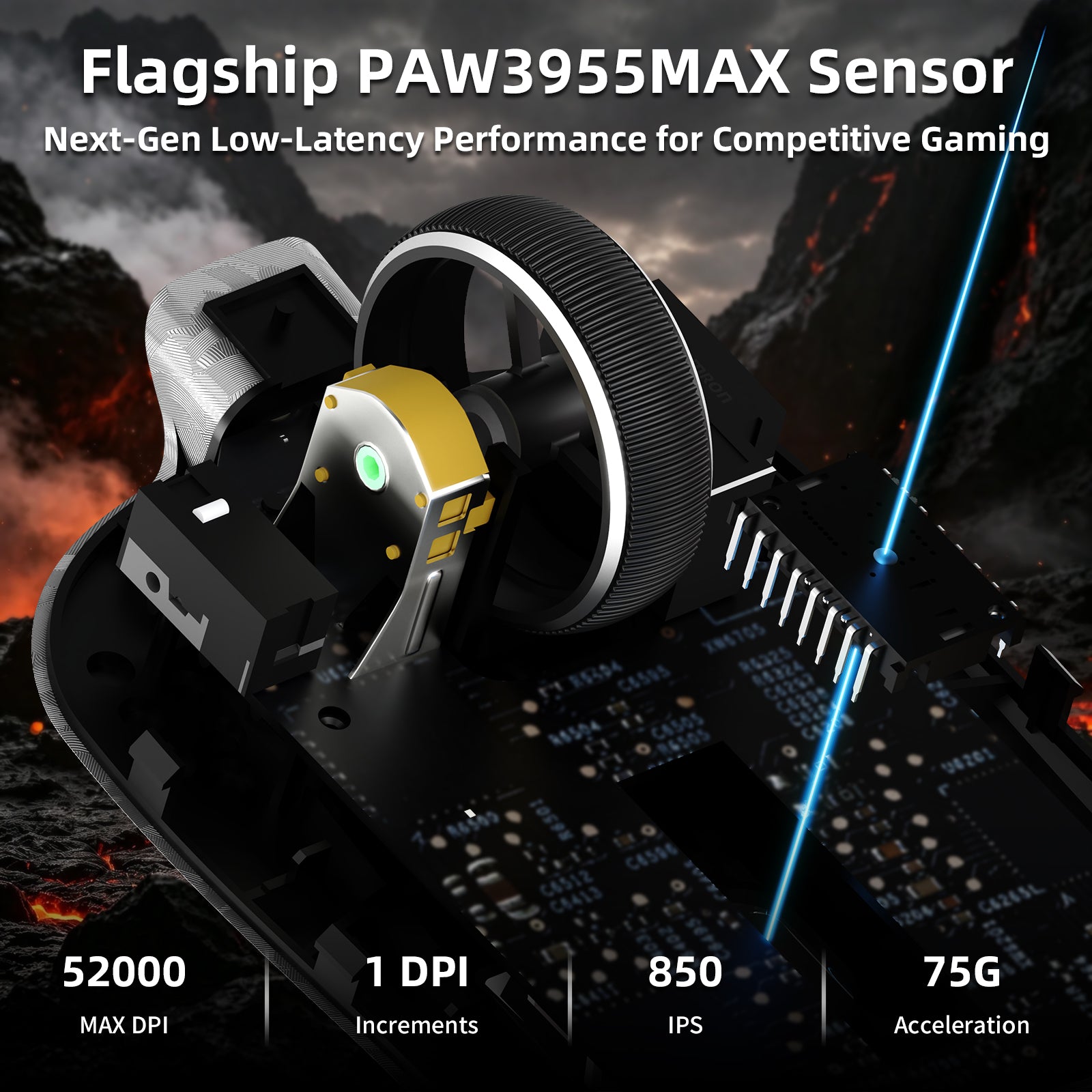 Mouse Gamer Sem Fio ATTACK SHARK RS3 ULTRA Fibra de Carbono PAW3955MAX com Cabo LED Ultra C06