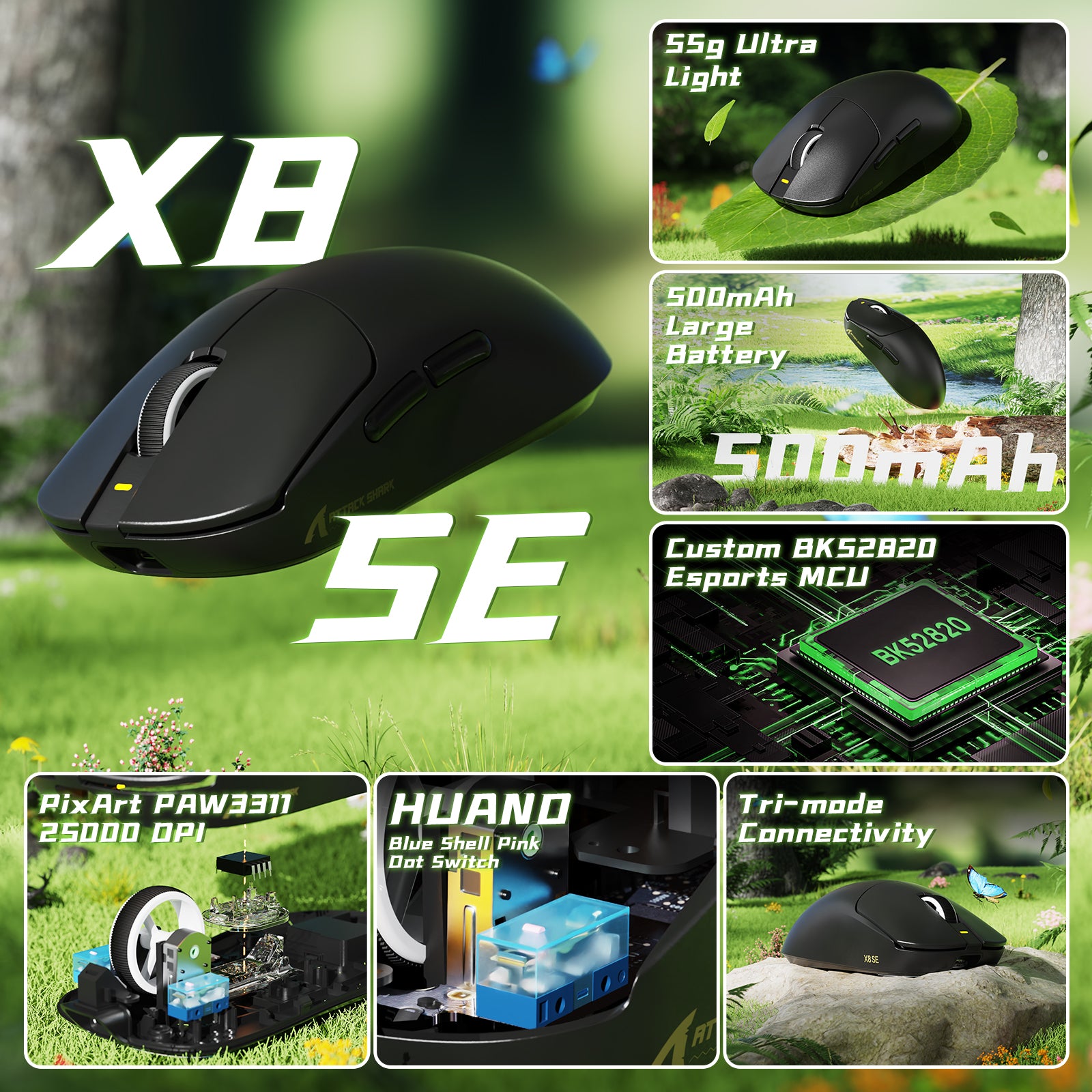 ATTACK SHARK X8 Series gaming mouse comparison chart with model specs and features