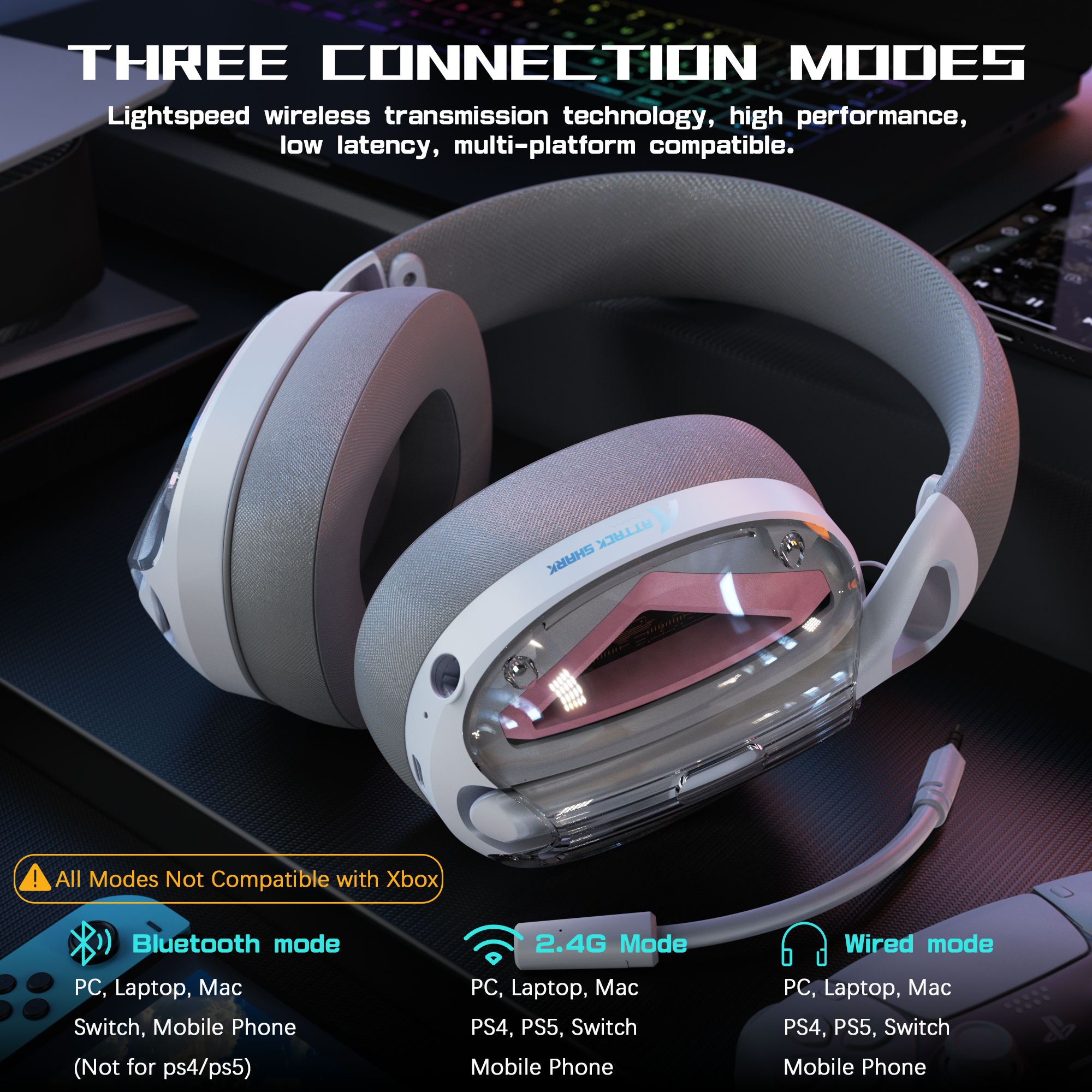 ATTACK SHARK L60 Ultra-Light Gaming Headset with Bluetooth, 2.4G, and Wired modes. Compatible with PC, Mac, PS4, PS5, Switch, Mobile Phone.
