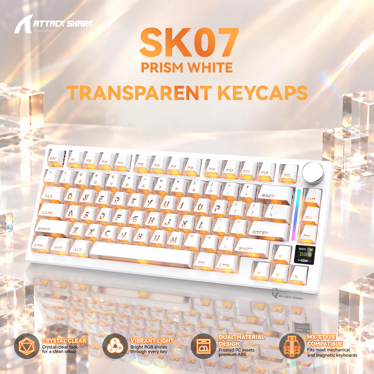ATTACK SHARK SK07, 131 teclas, keycaps Prism com iluminação transparente, ANSI, branco