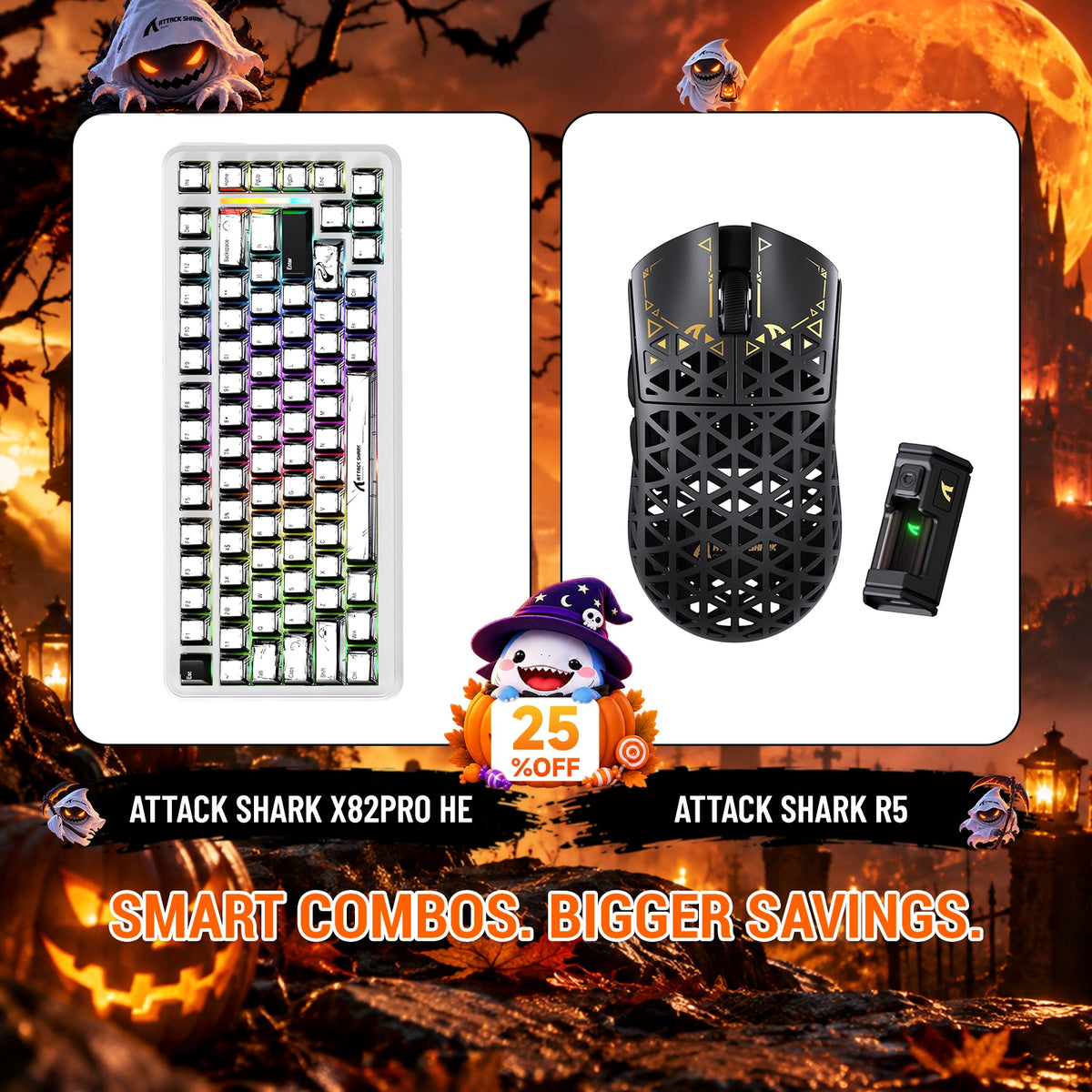 Pacote de teclado com Rapid Trigger ATTACK SHARK X82 PRO HE + mouse gamer sem fio R5 de fibra de carbono