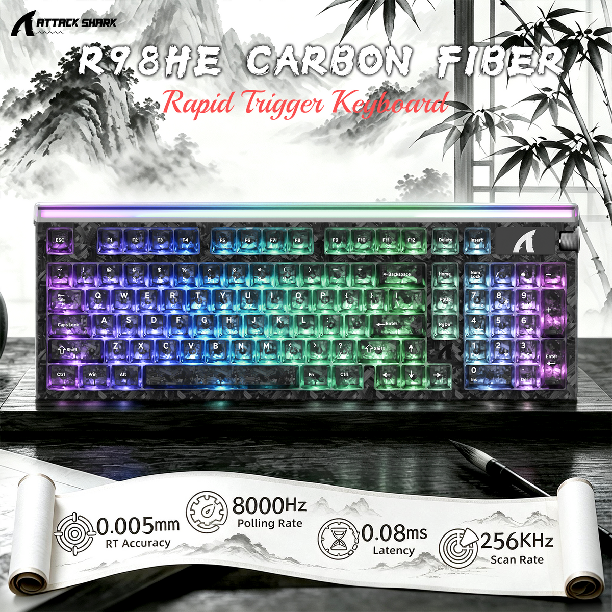 Teclado com fio ATTACK SHARK R98 HE Carbon Fiber, gatilho rápido, interruptor magnético, com cabo enrolado C01 Ultra RGB