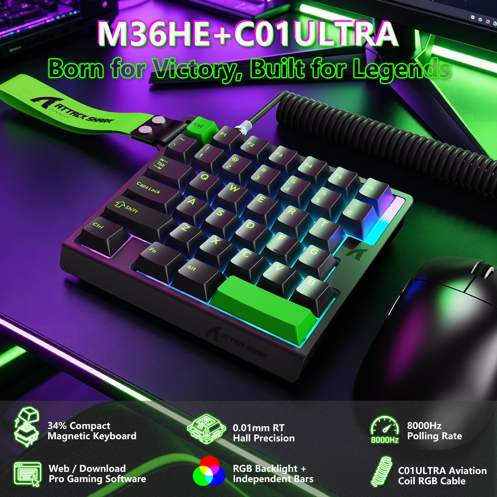 Teclado com Interruptor Magnético One-Handed ATTACK SHARK M36 HE & Cabo Aviador LED ULTRA C01